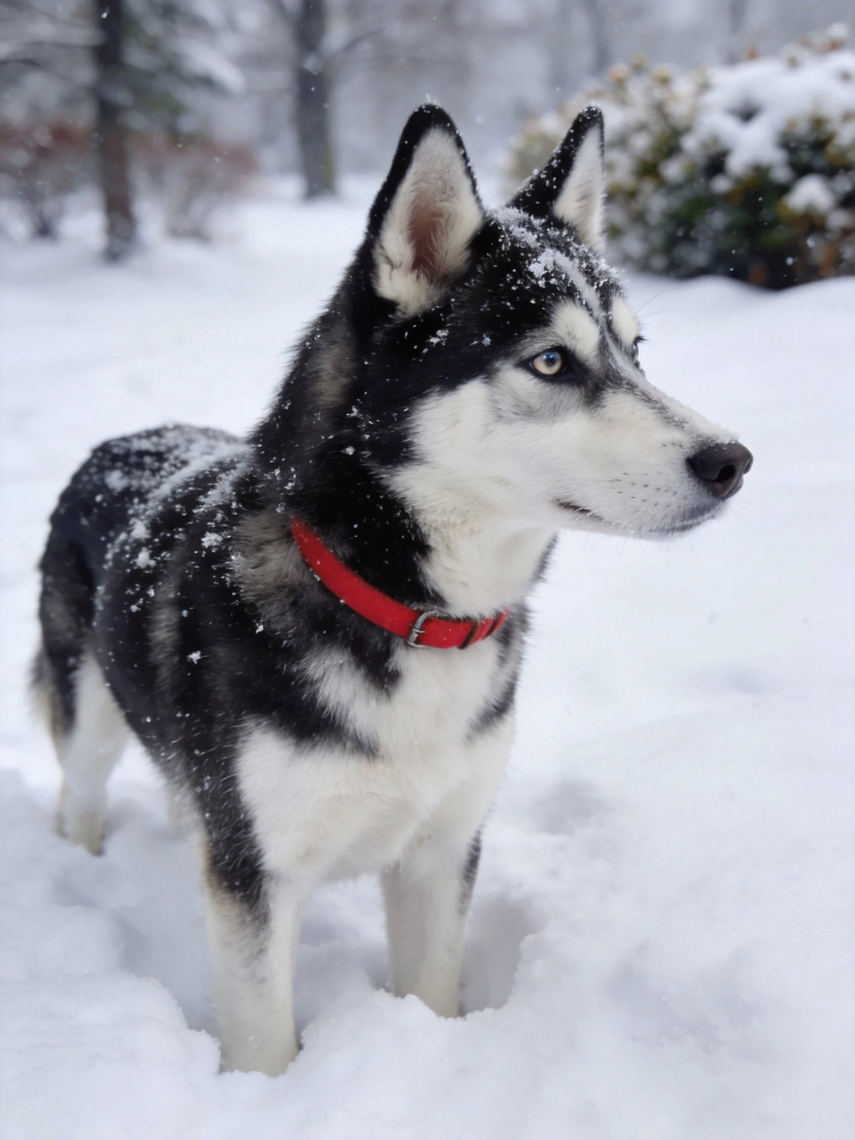 A black-and-white husky with red collar in deep winter snow