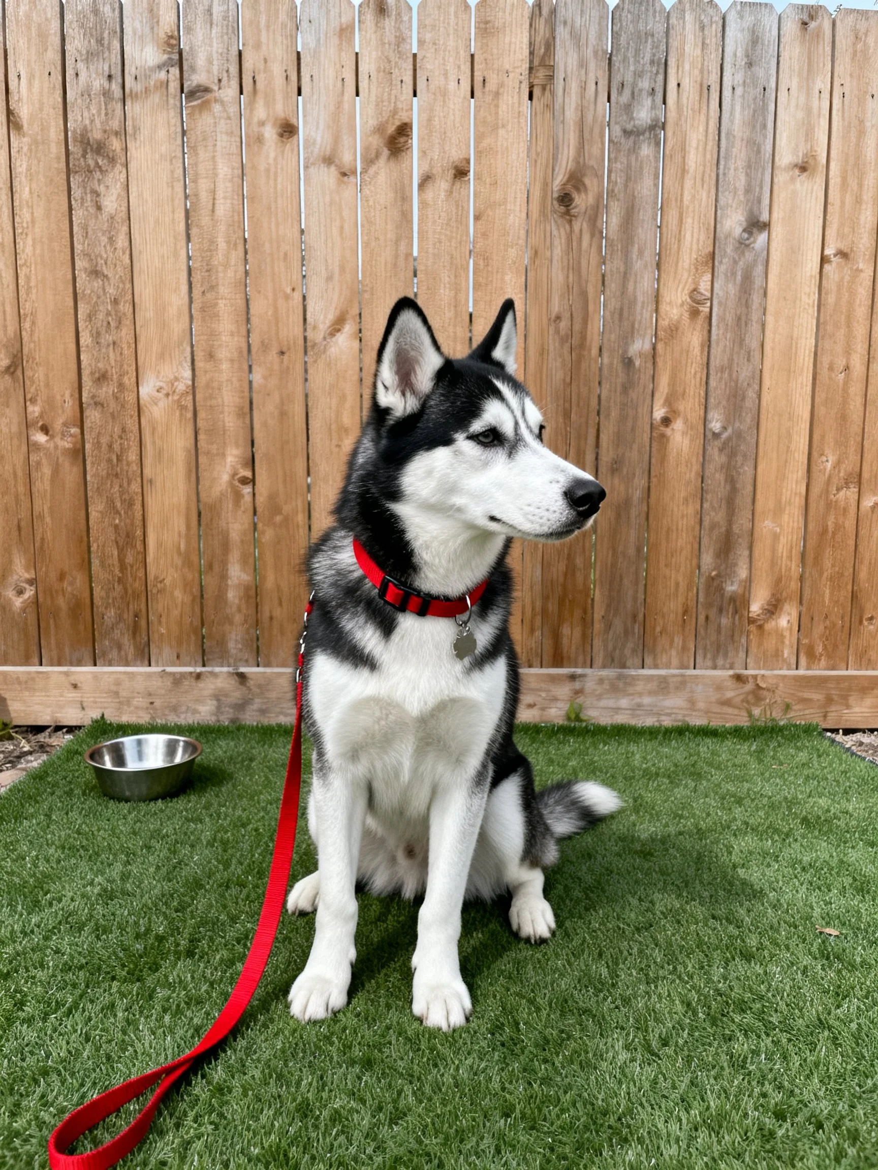 A black-and-white husky with red leash sits on artificial grass by wooden fence