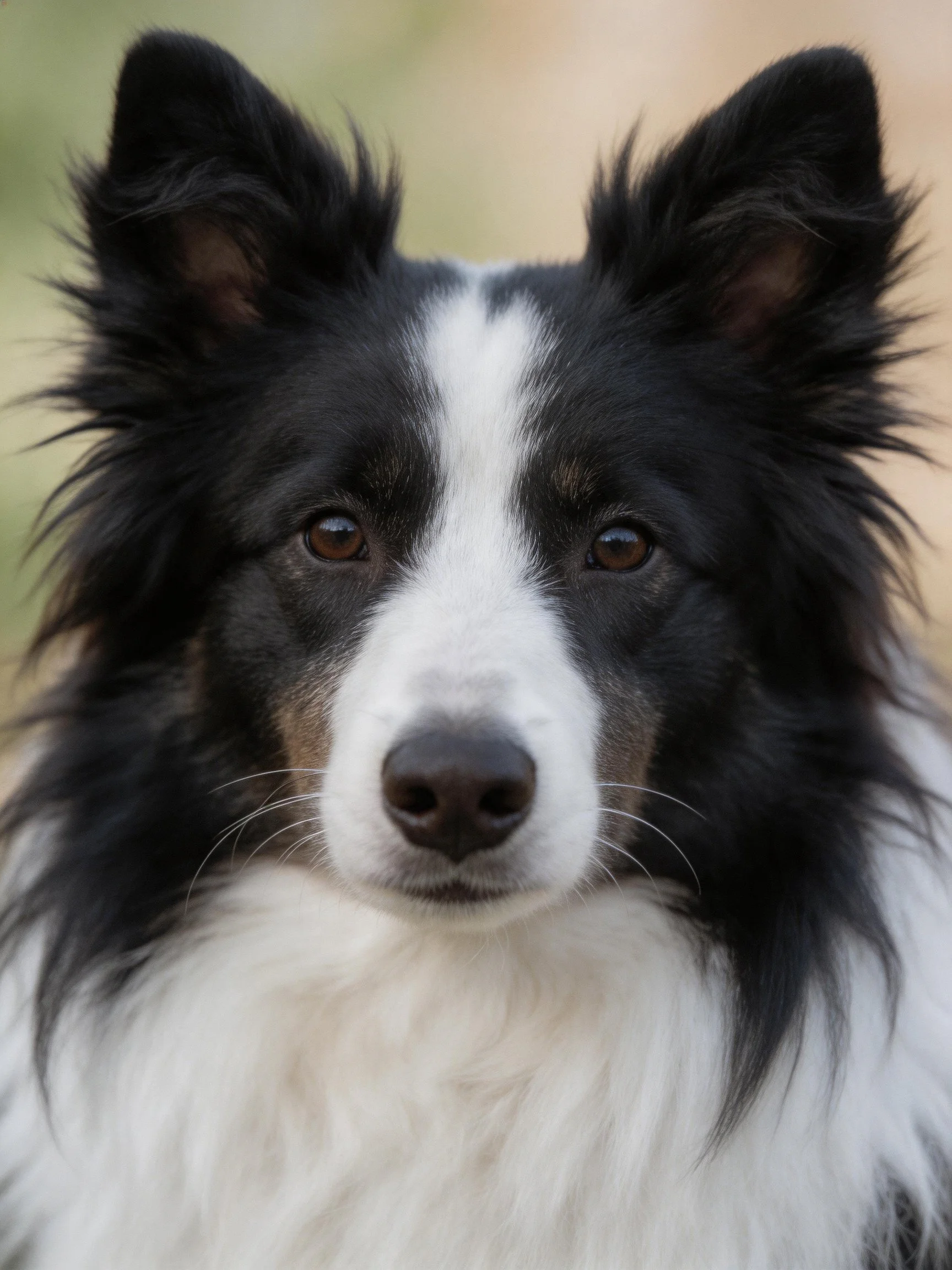A black and white long - haired dog with upright ears