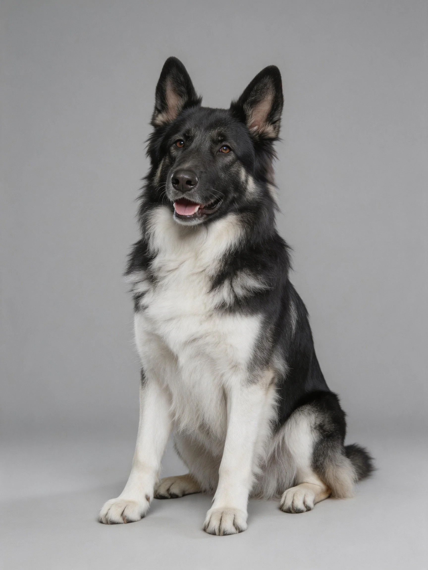 A black and white mixed-breed dog sits attentively on a gray backdrop.