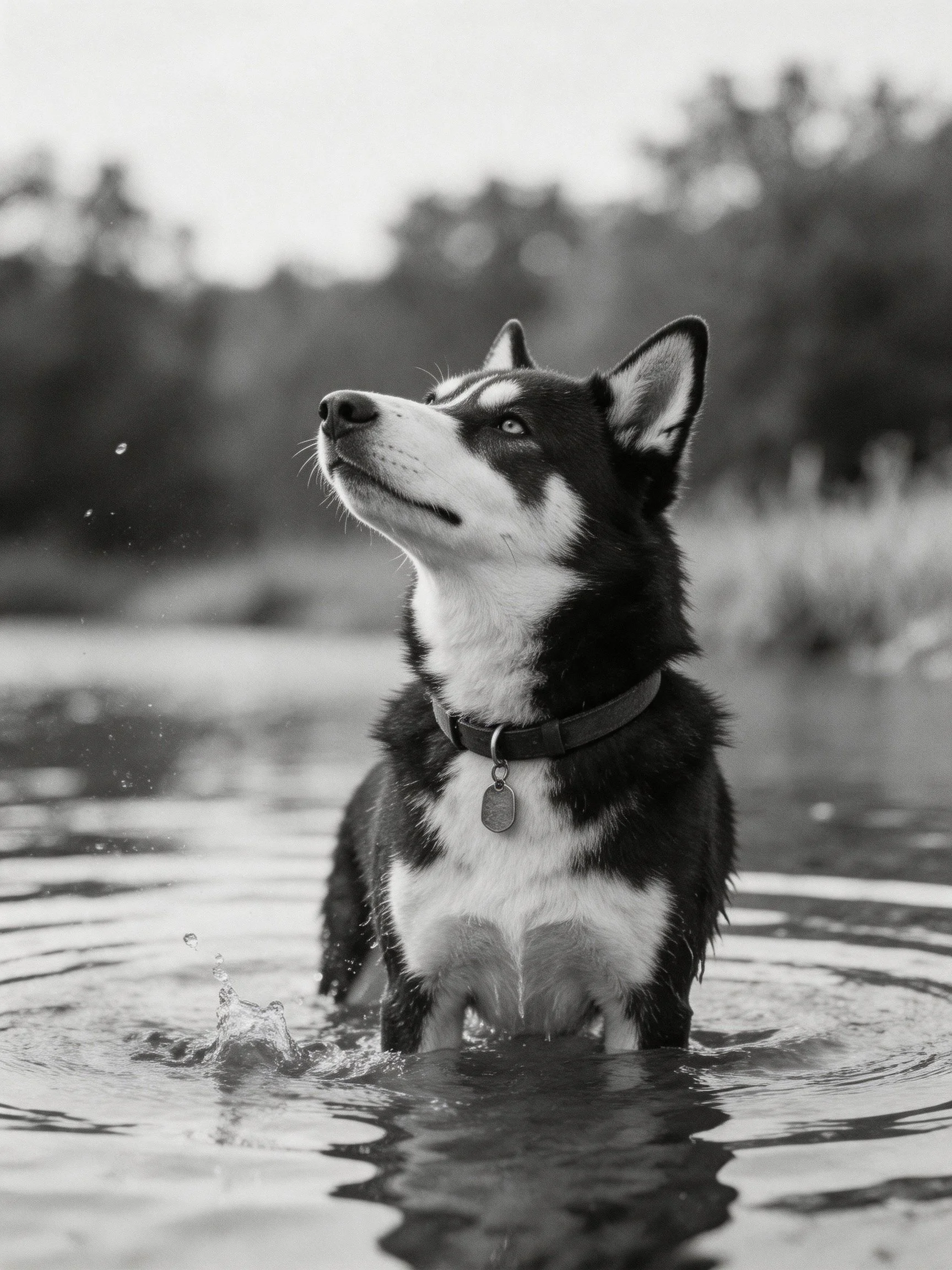 A black - and - white mixed - breed dog stands in shallow water near a blurred natural landscape