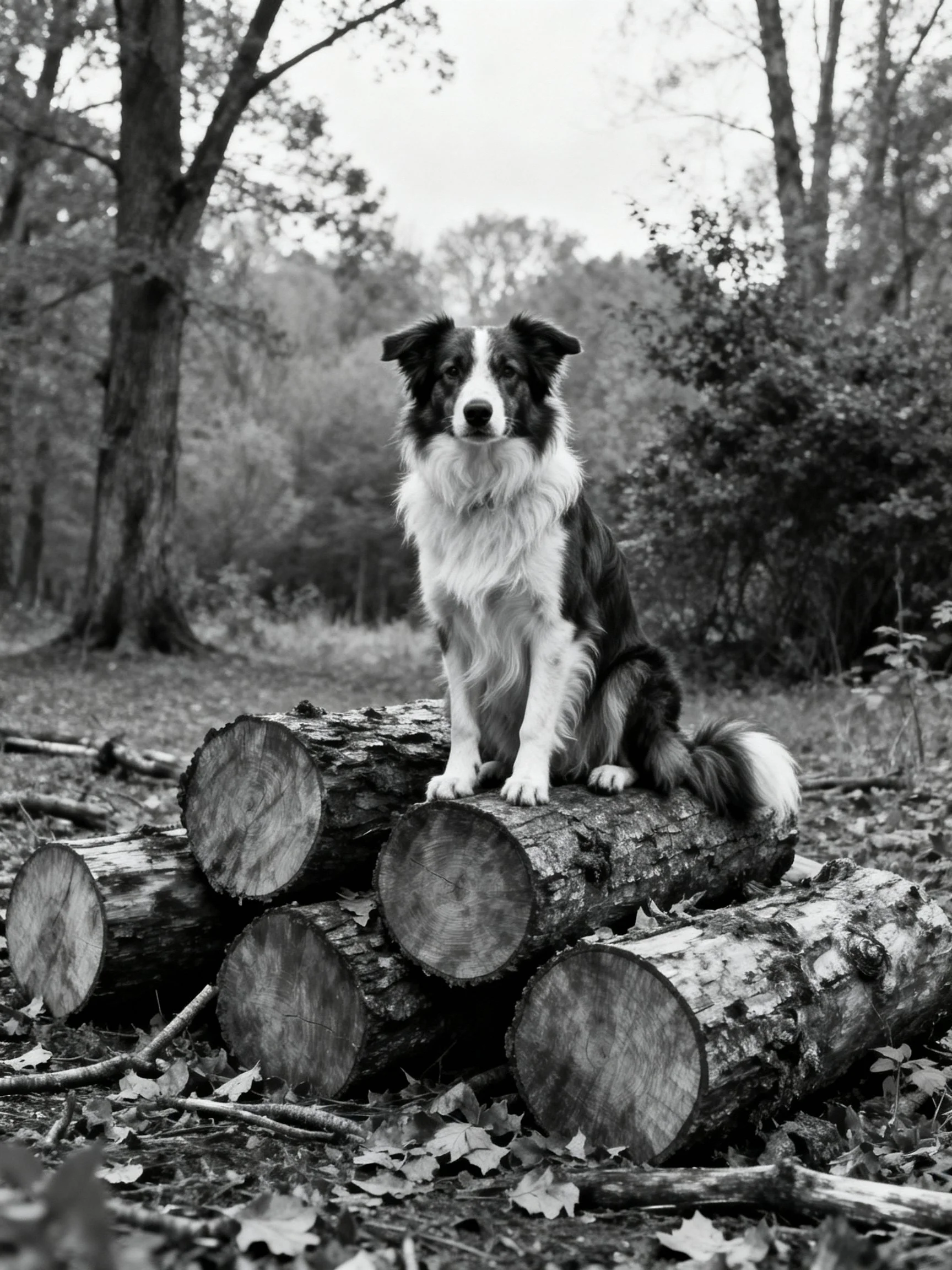 A black - and - white photo of a border collie on stacked logs in a forest