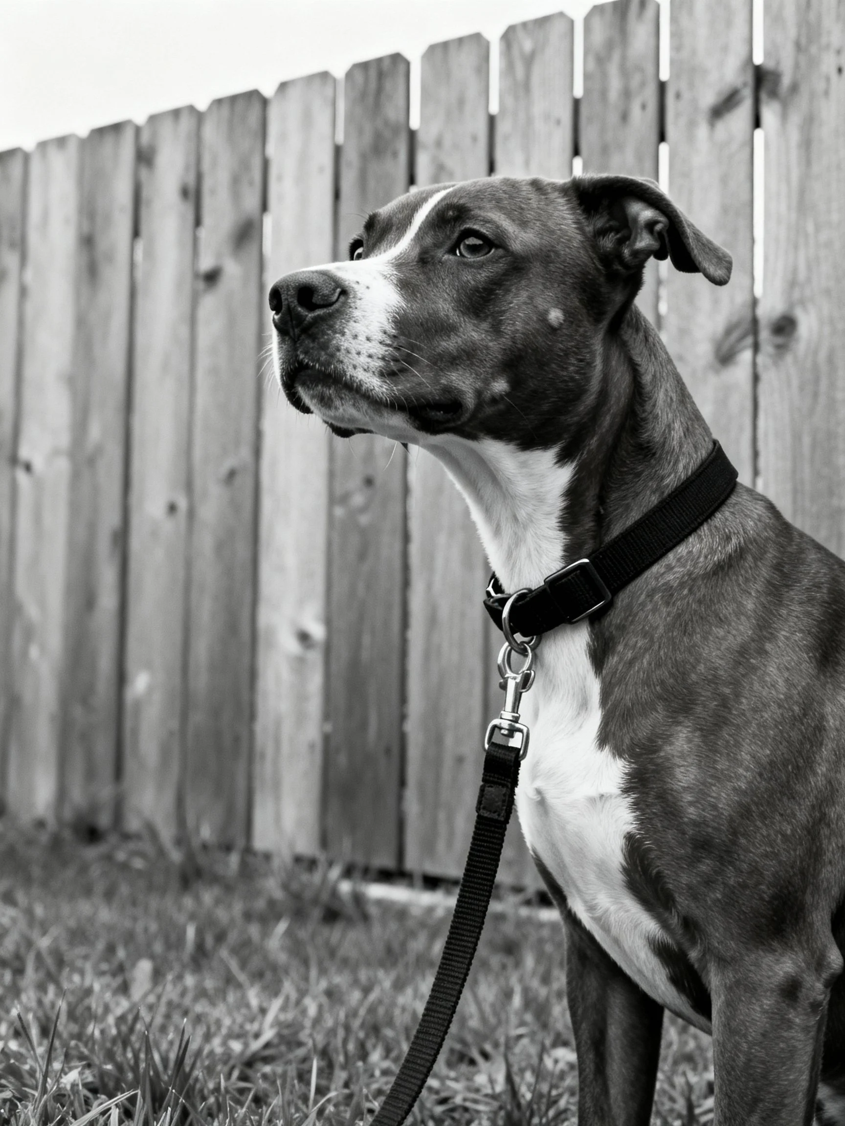 A black and white photo of a collared dog by a wooden fence