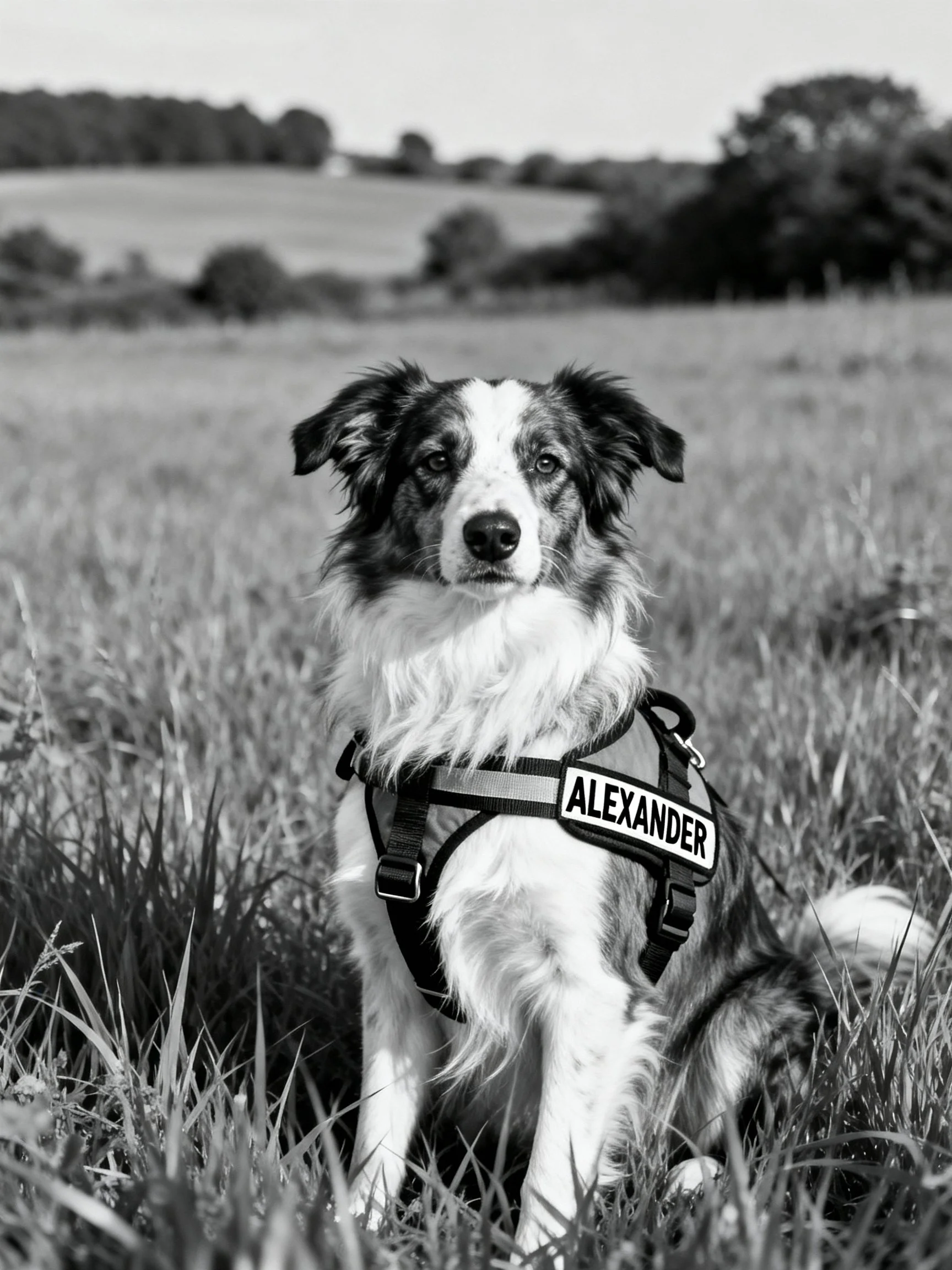 A black - and - white photo of a dog named Alexander sitting in tall grass.