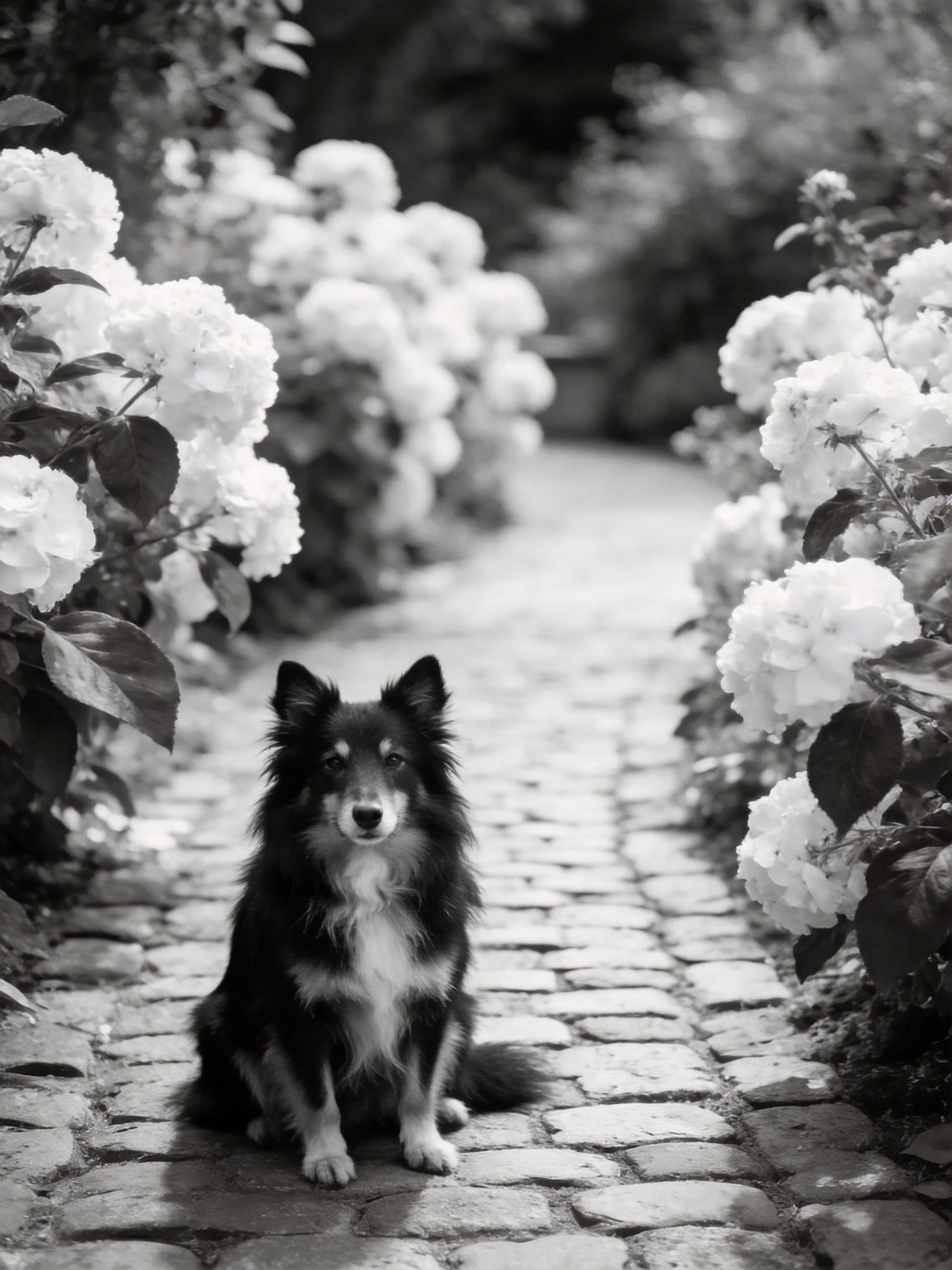 A black and white photo of a dog sitting on a cobblestone path between blooming bushes