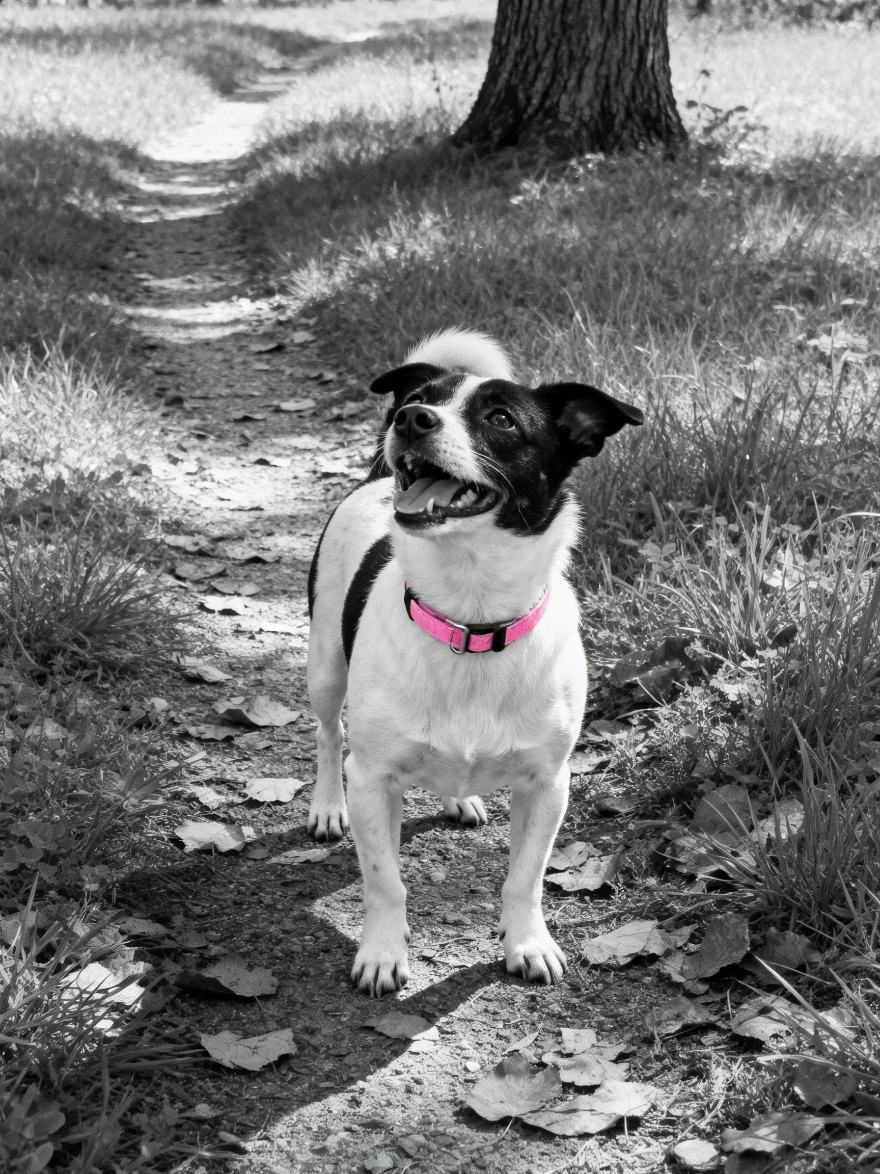 A dog with a pink collar stands on a leaf - strewn path in a monochrome outdoor setting.