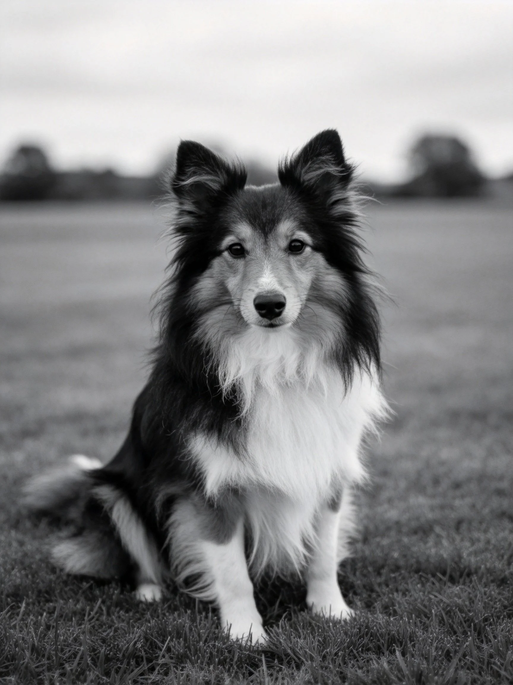 A black - and - white photo of a fluffy collie sitting on grass