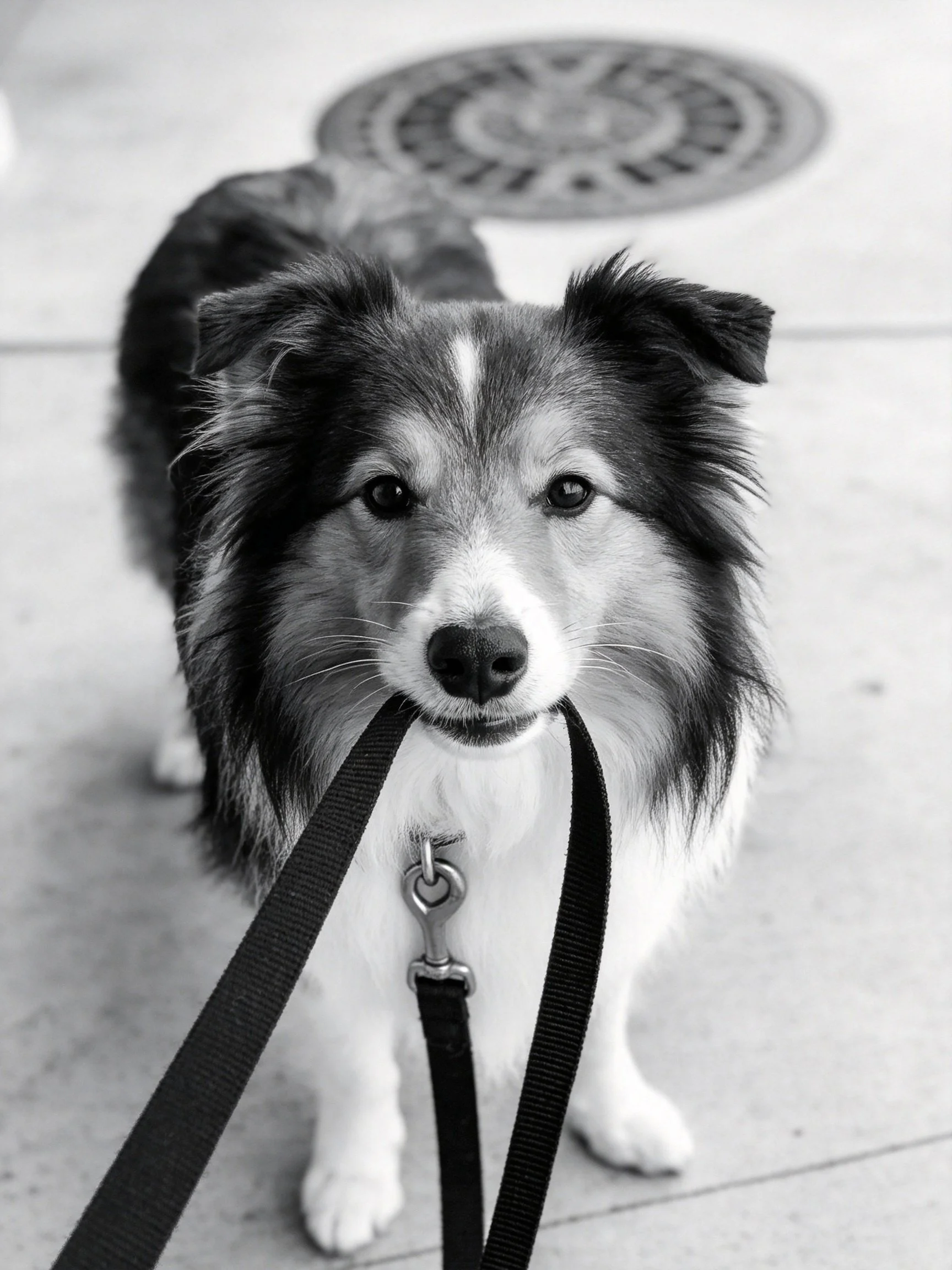 A black - and - white photo of a fluffy collie with a leash