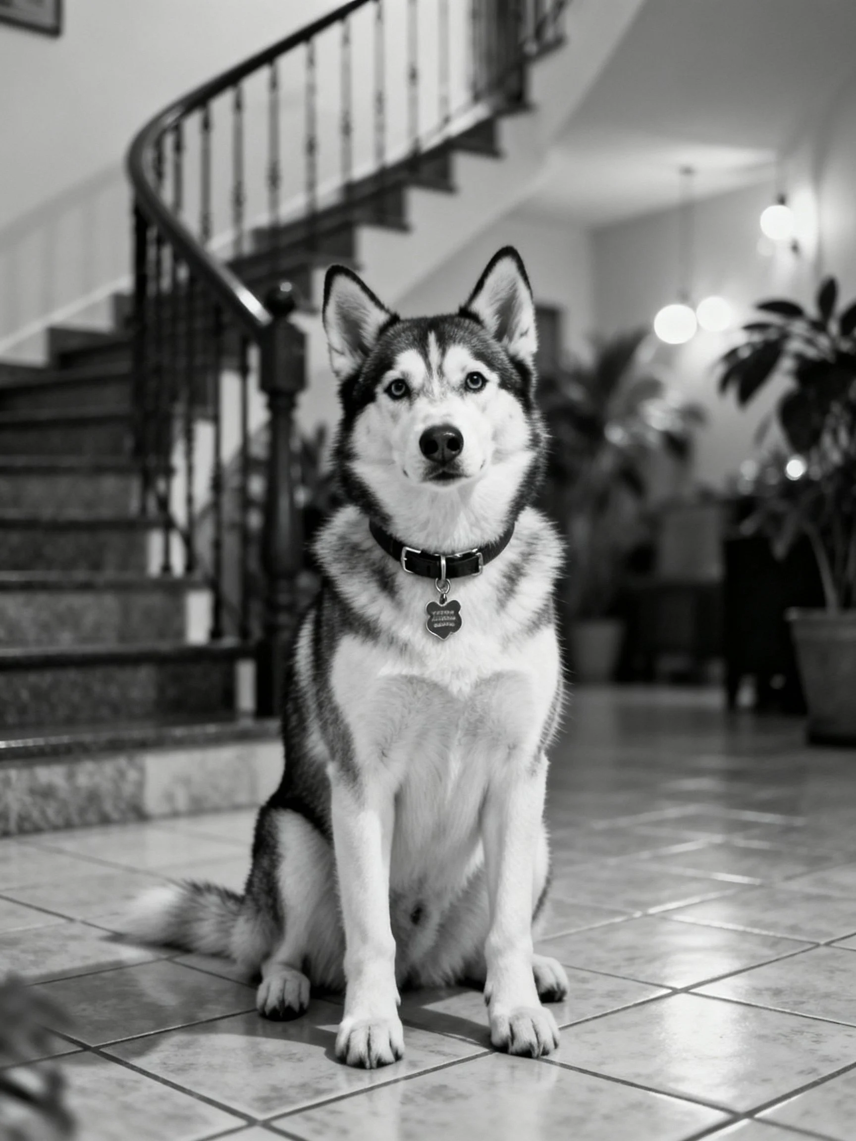 A black - and - white photo of a husky dog sitting near a staircase