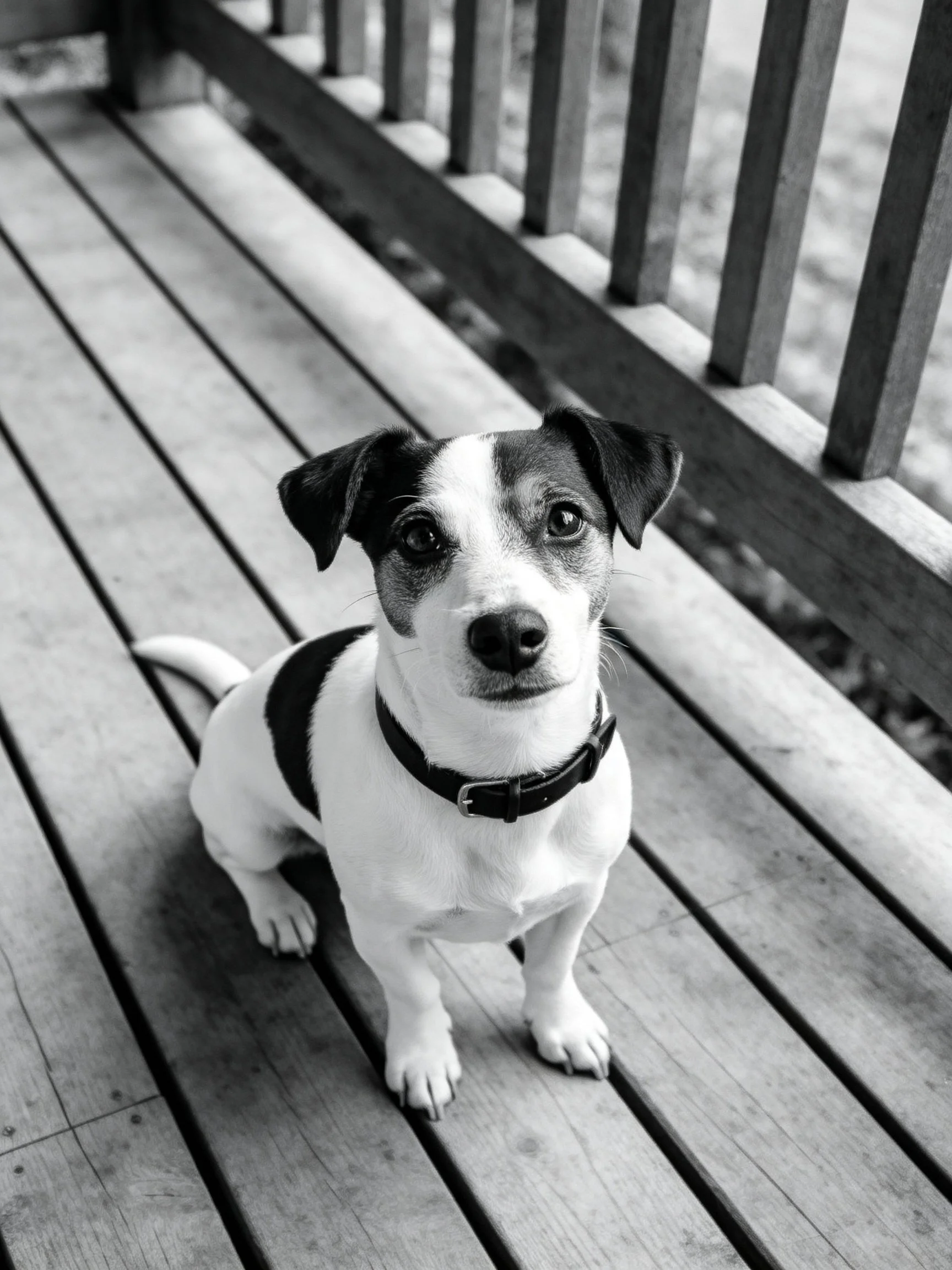 A small dog sits on a wooden deck in a black - and - white photograph.