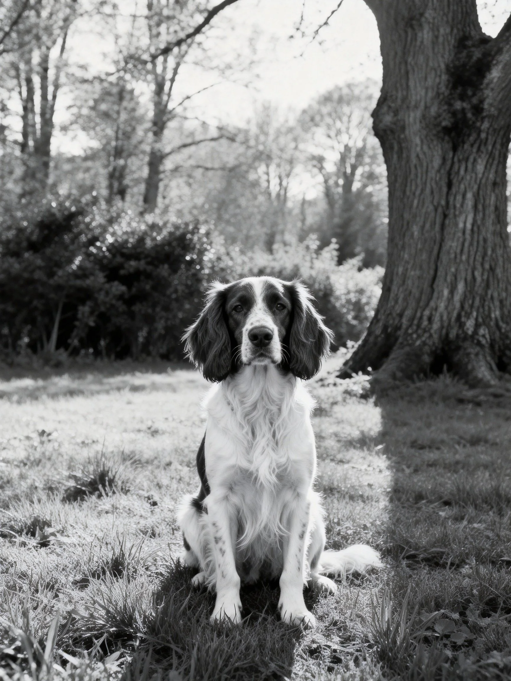 A black and white photo of a spaniel sitting in a wooded landscape