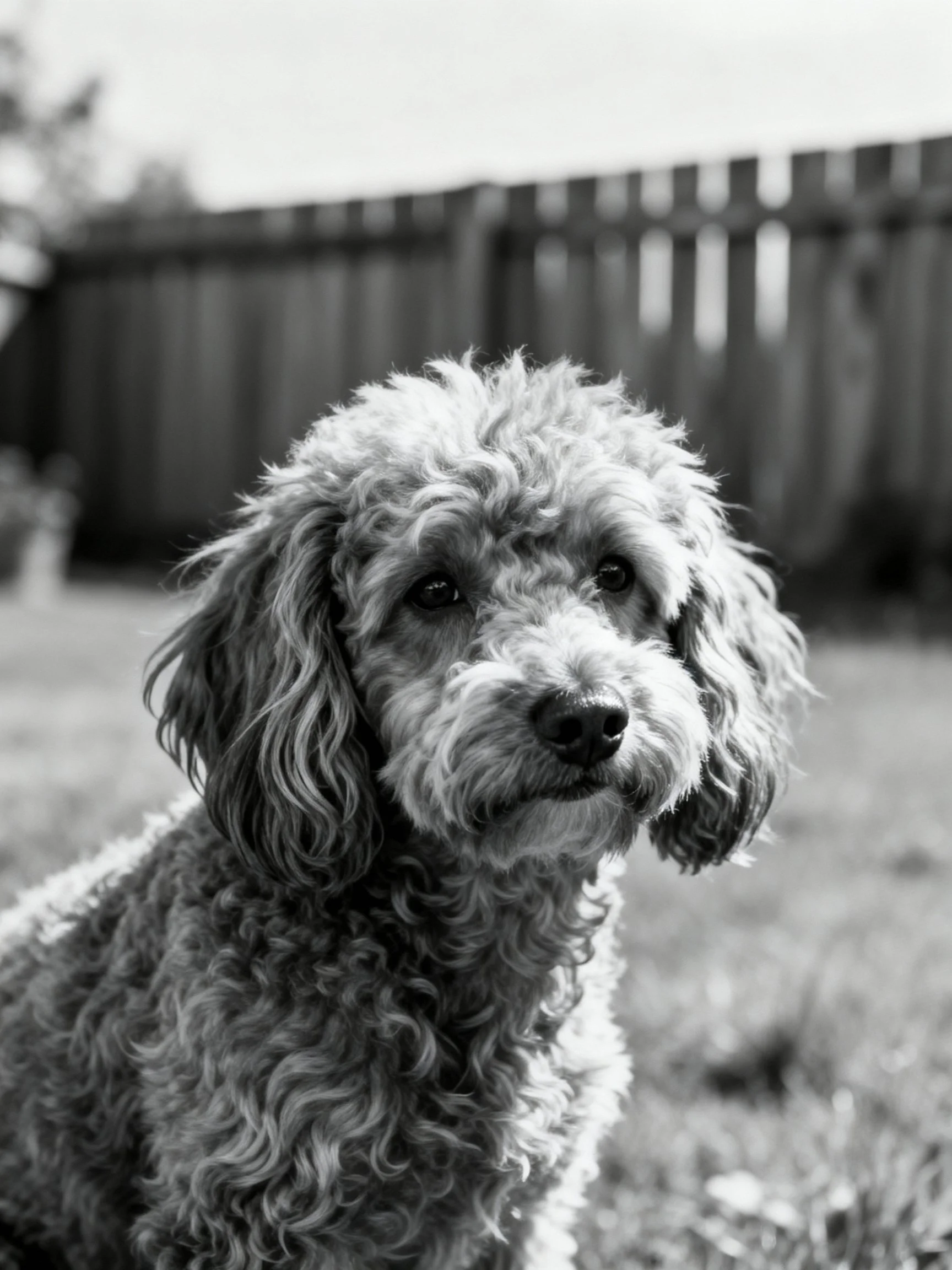 A black - and - white photograph of a curly - coated dog near a wooden fence