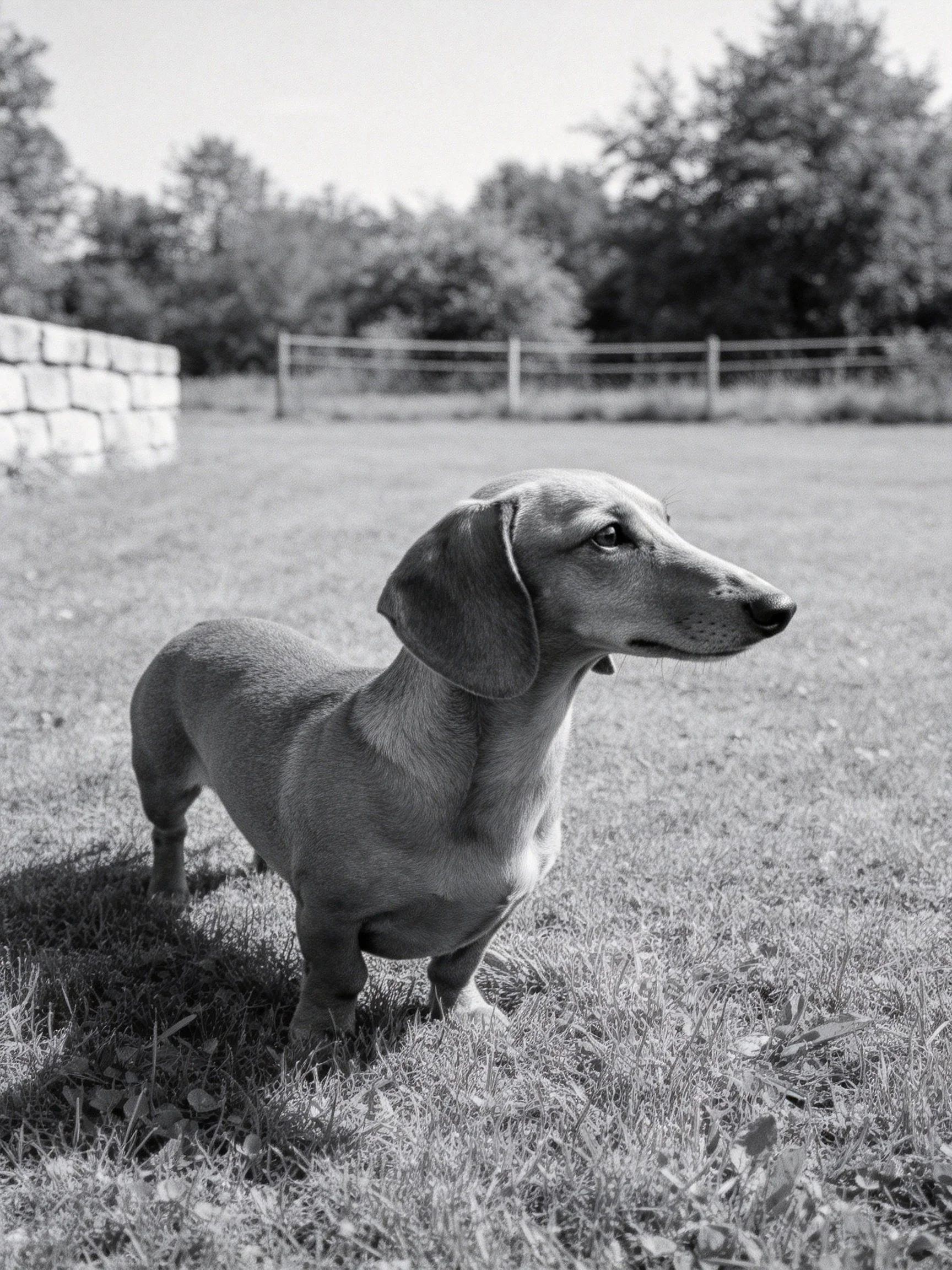 A black - and - white photograph of a dachshund standing on grass