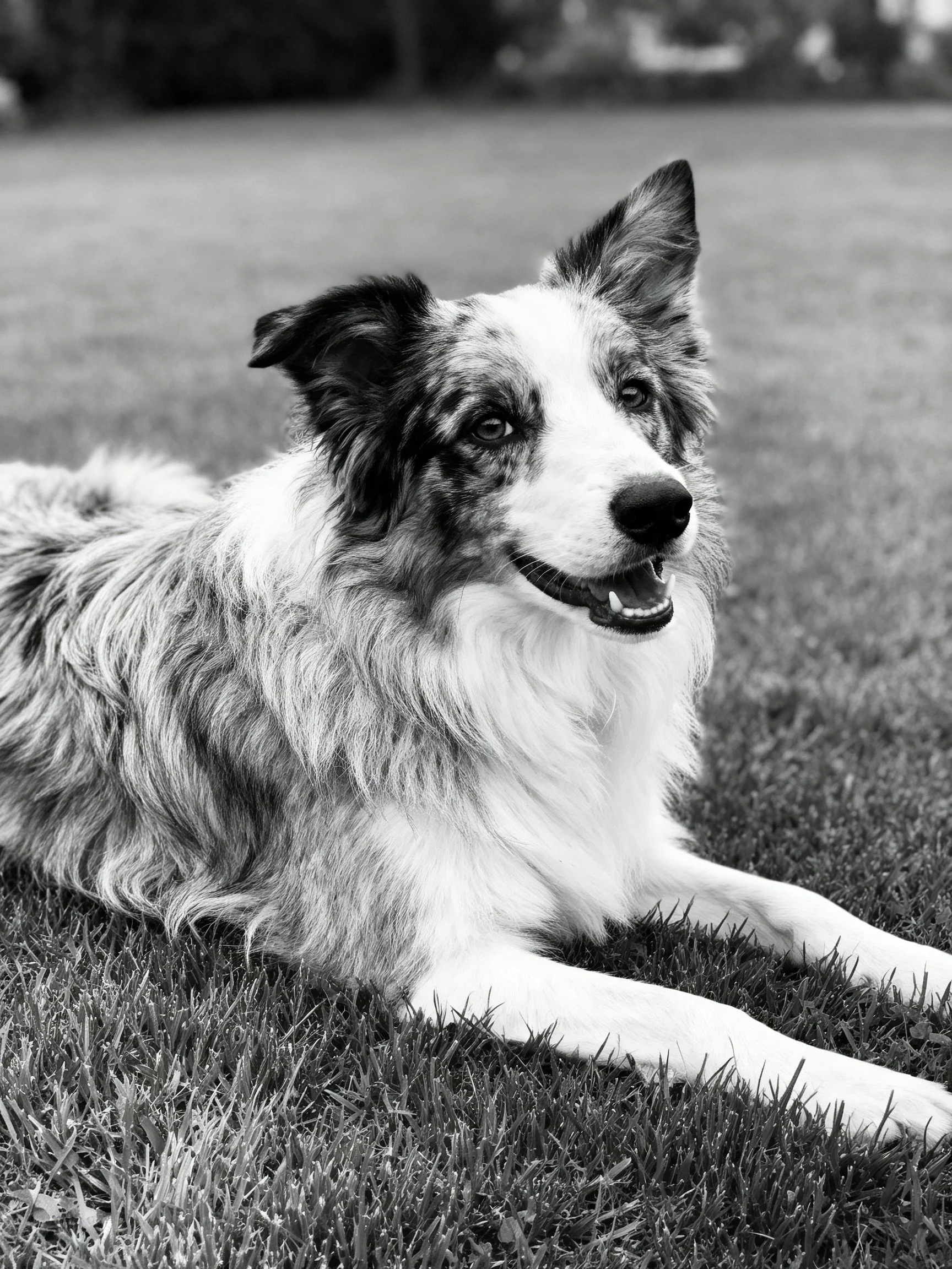 A black - and - white photograph shows a fluffy dog resting on grass.