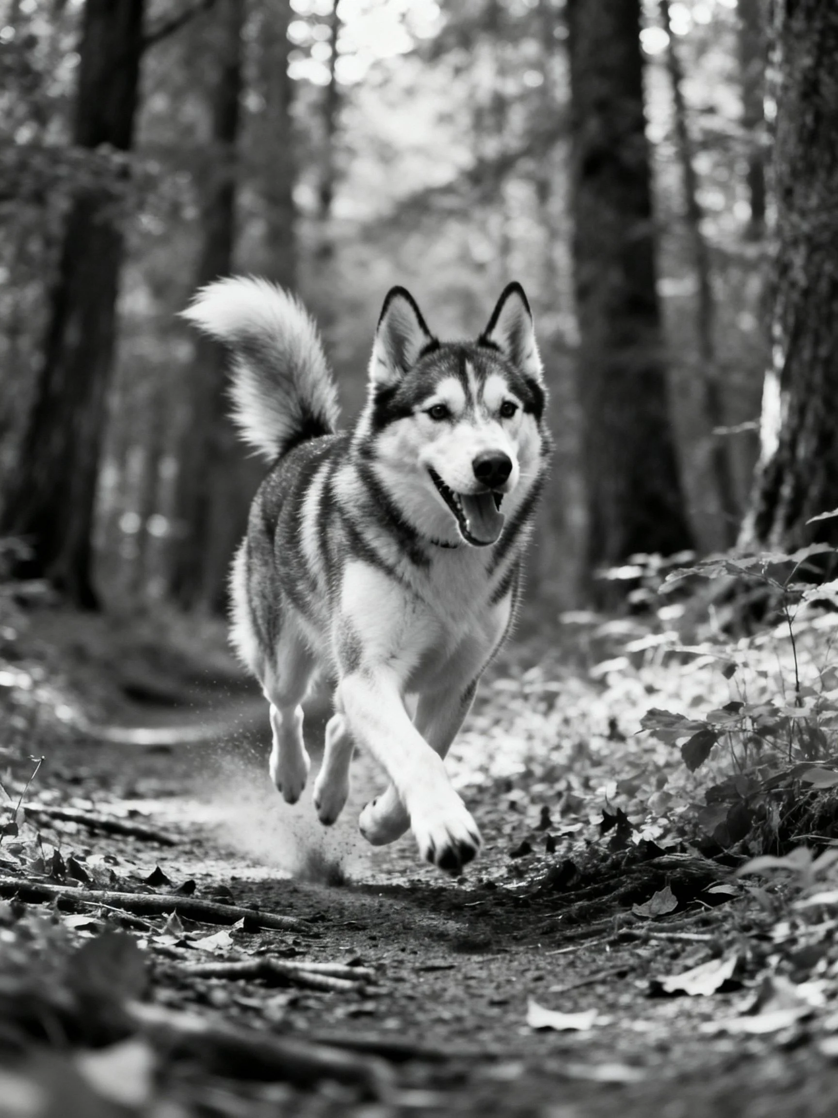 A black-and-white photograph of a husky dog running through a forest