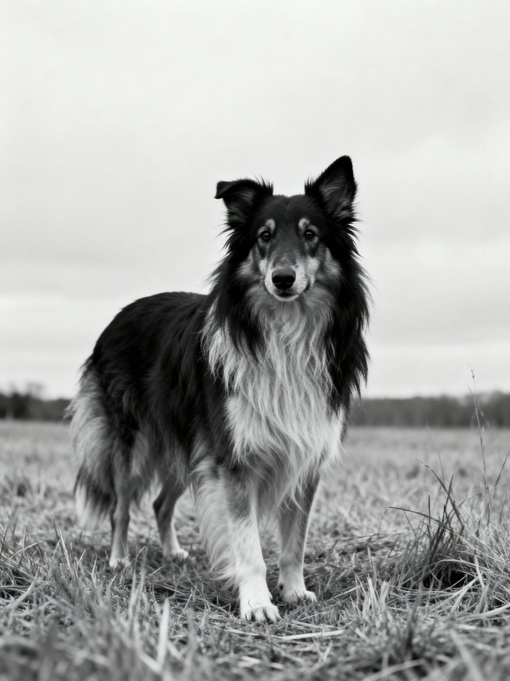 A black and white photograph of a long - haired dog in an open grassy field