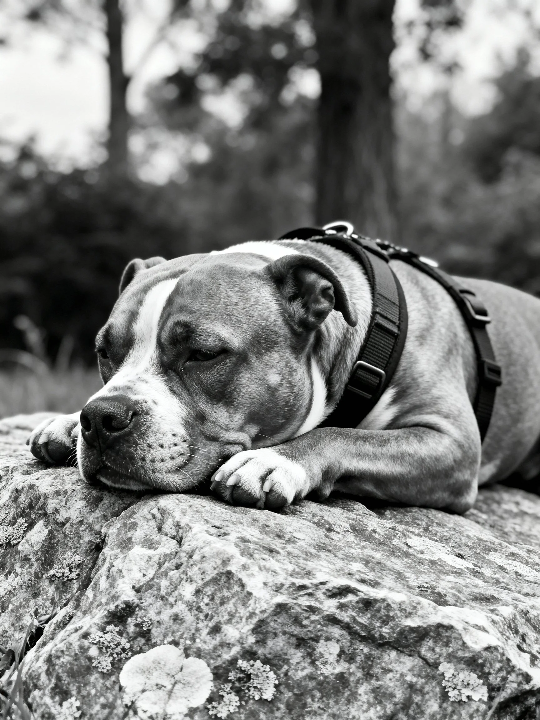 A black - and - white photograph of a pit bull resting on a rough rock