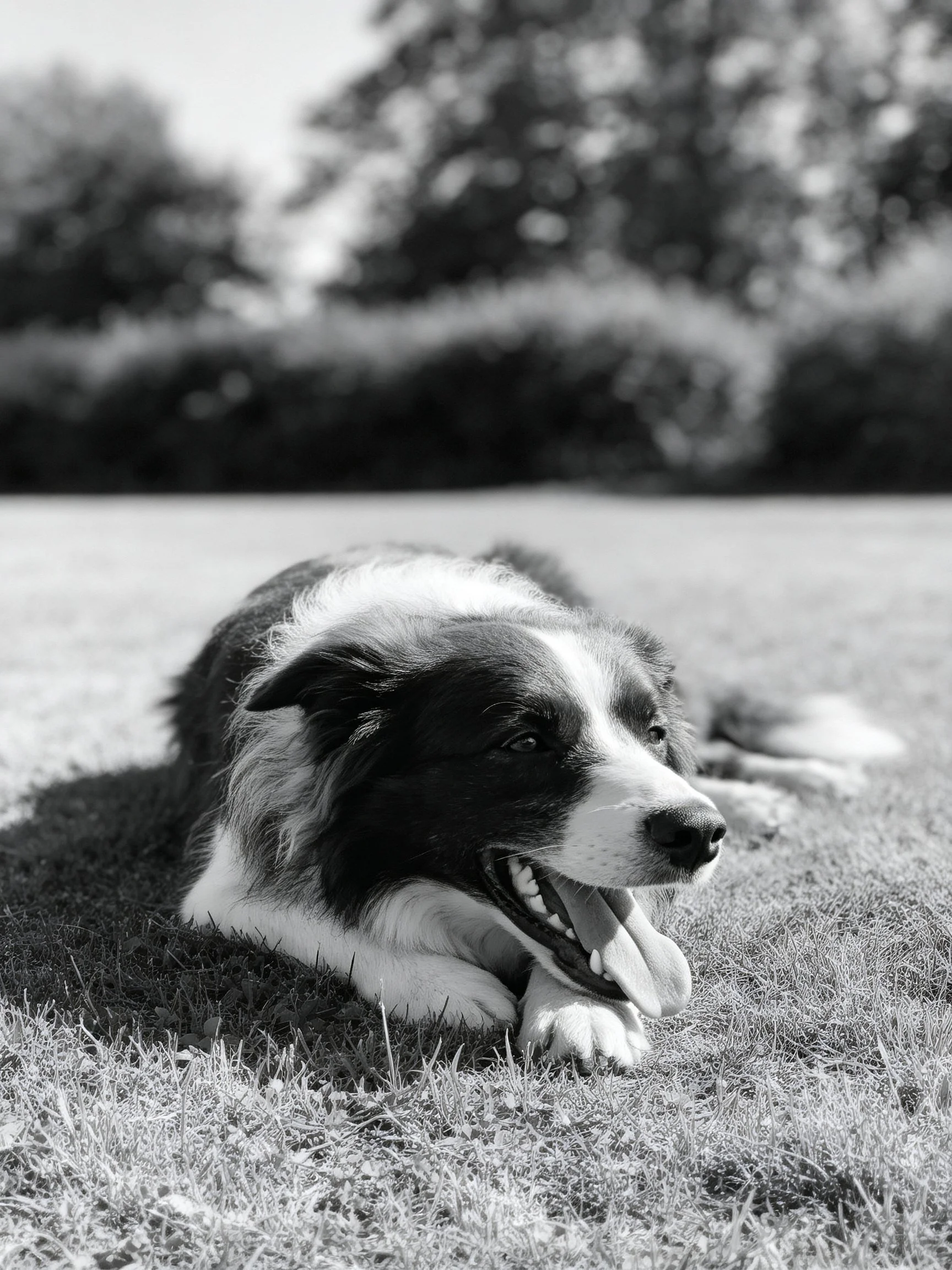 A black and white photo shows a relaxed Border Collie resting on grass