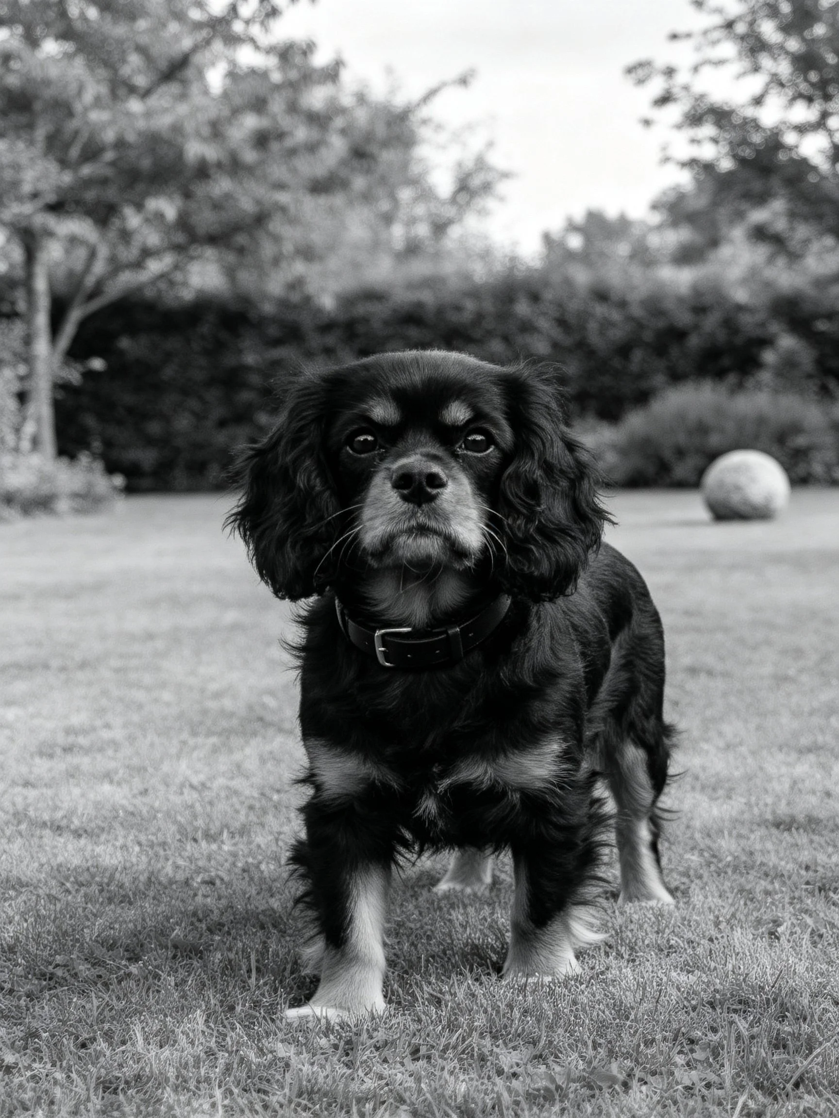A black and white photograph of a small dog in a grassy garden