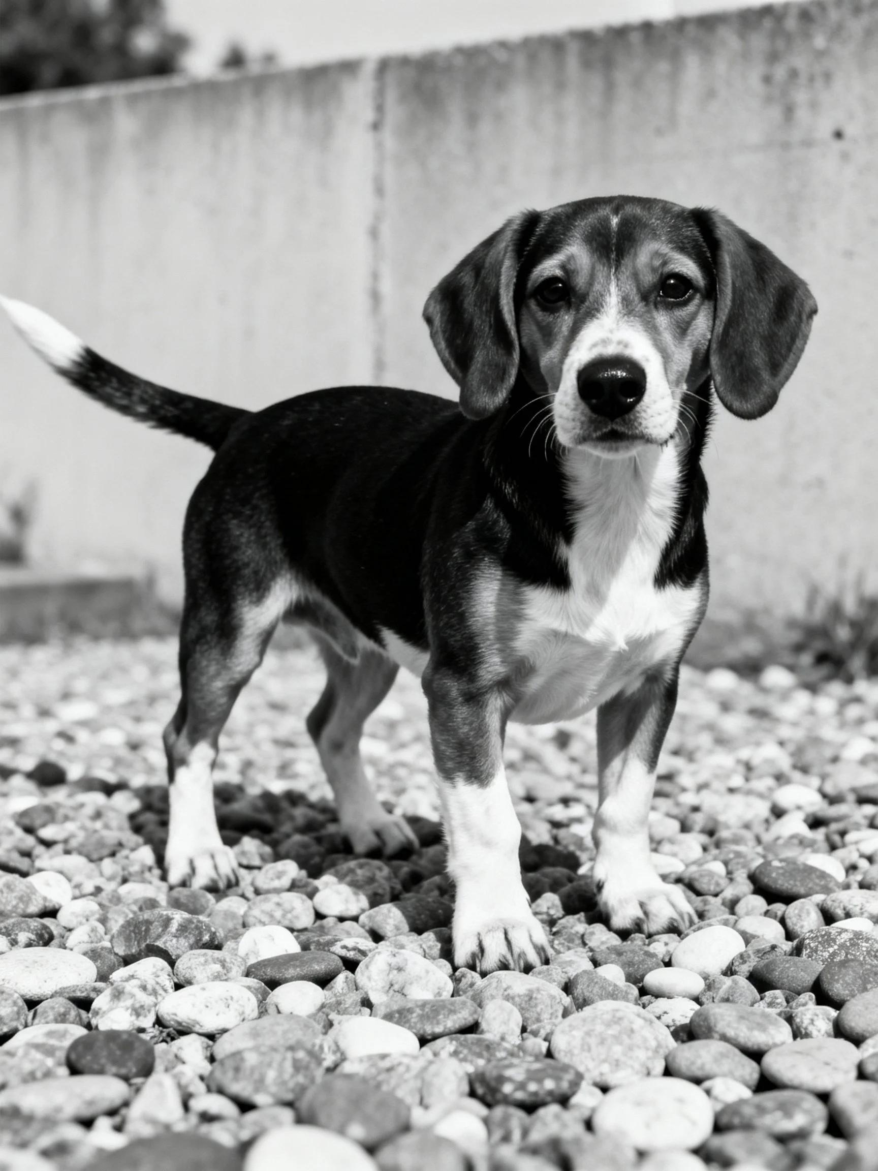 A black - and - white photograph of a tricolor beagle puppy on pebbles