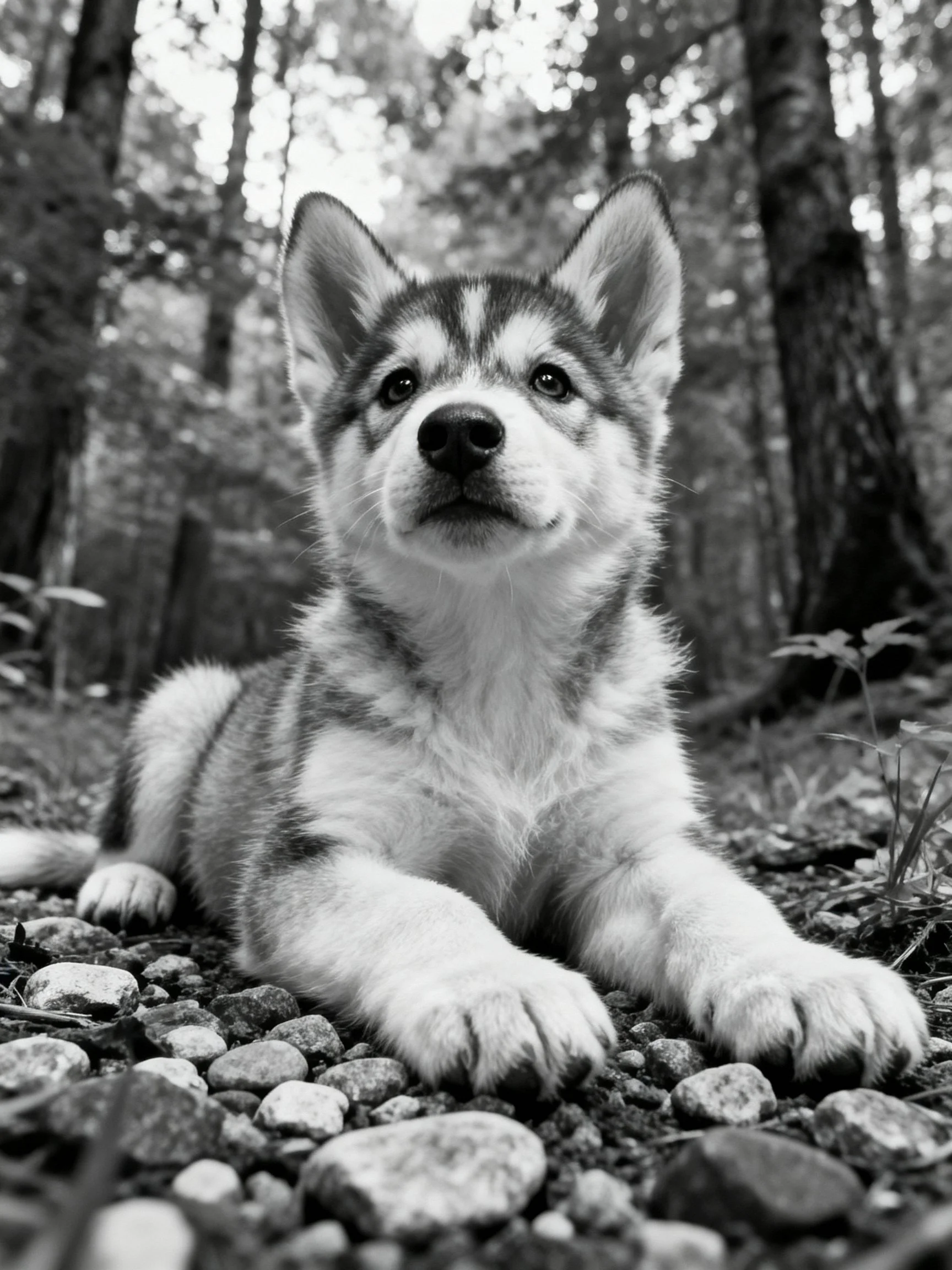 A black - and - white photograph of a young husky puppy resting among forest rocks