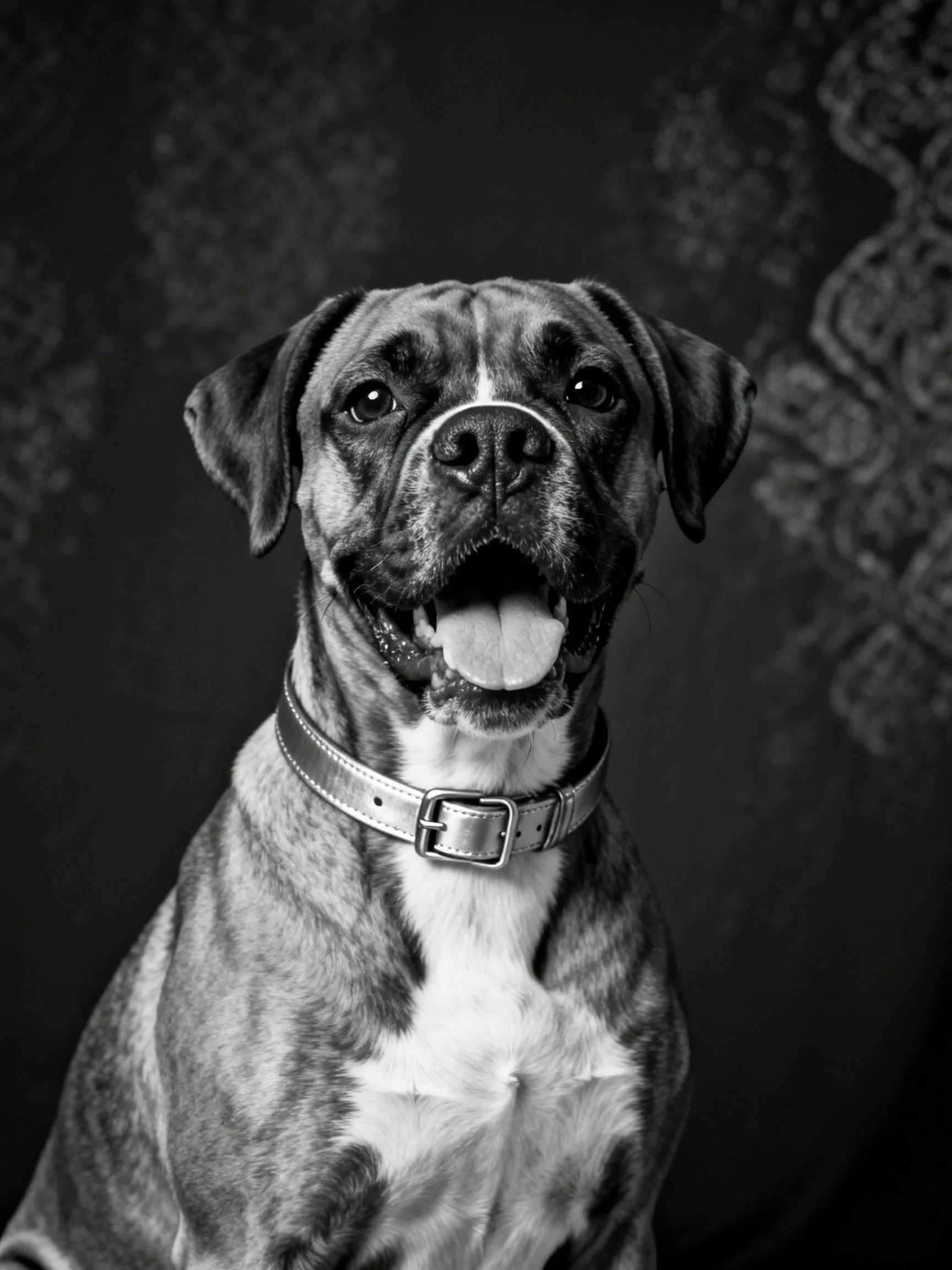 A black-and-white portrait shows a cheerful brindle boxer dog with a collar.