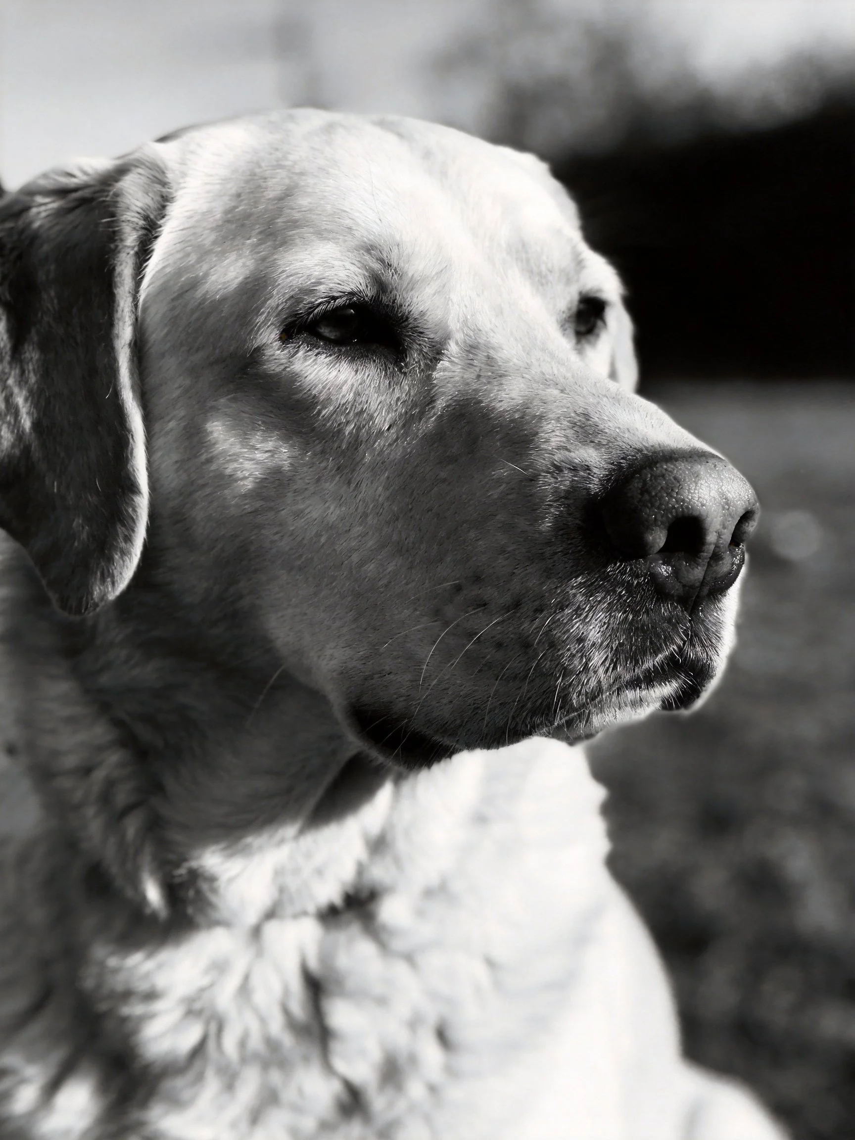 A black-and-white portrait of a calm Labrador retriever
