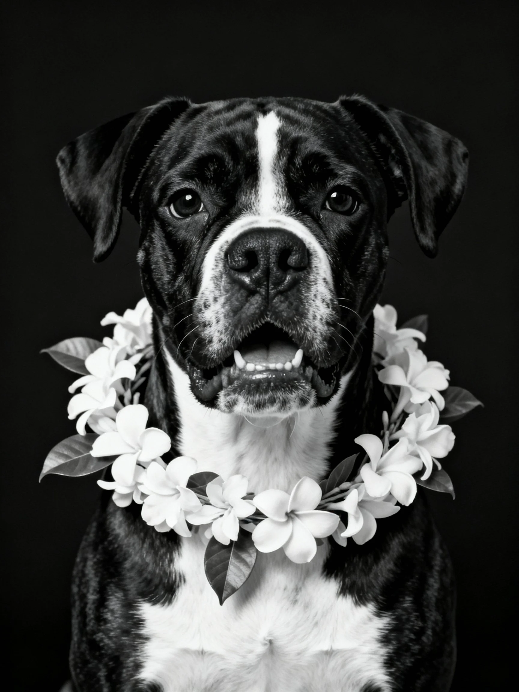 A black and white close-up shows a dog wearing a flower garland
