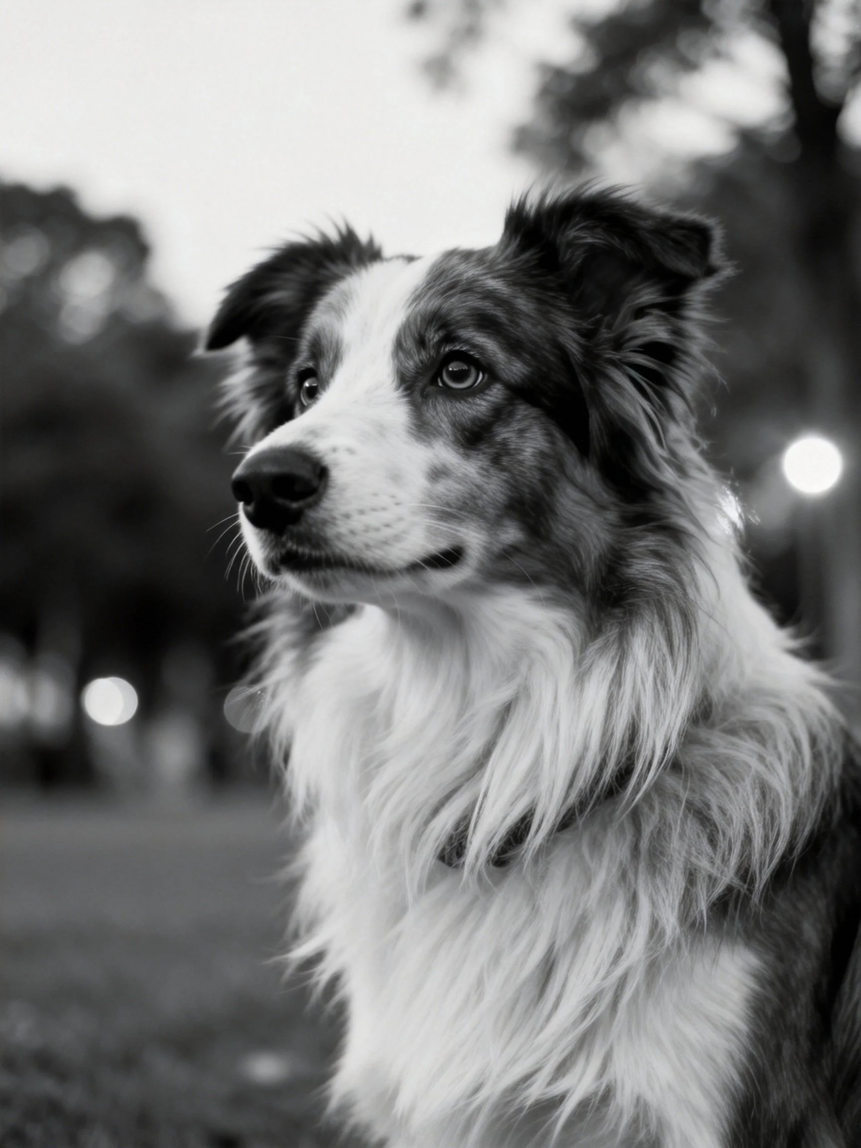 A black and white portrait of a fluffy collie dog outdoors