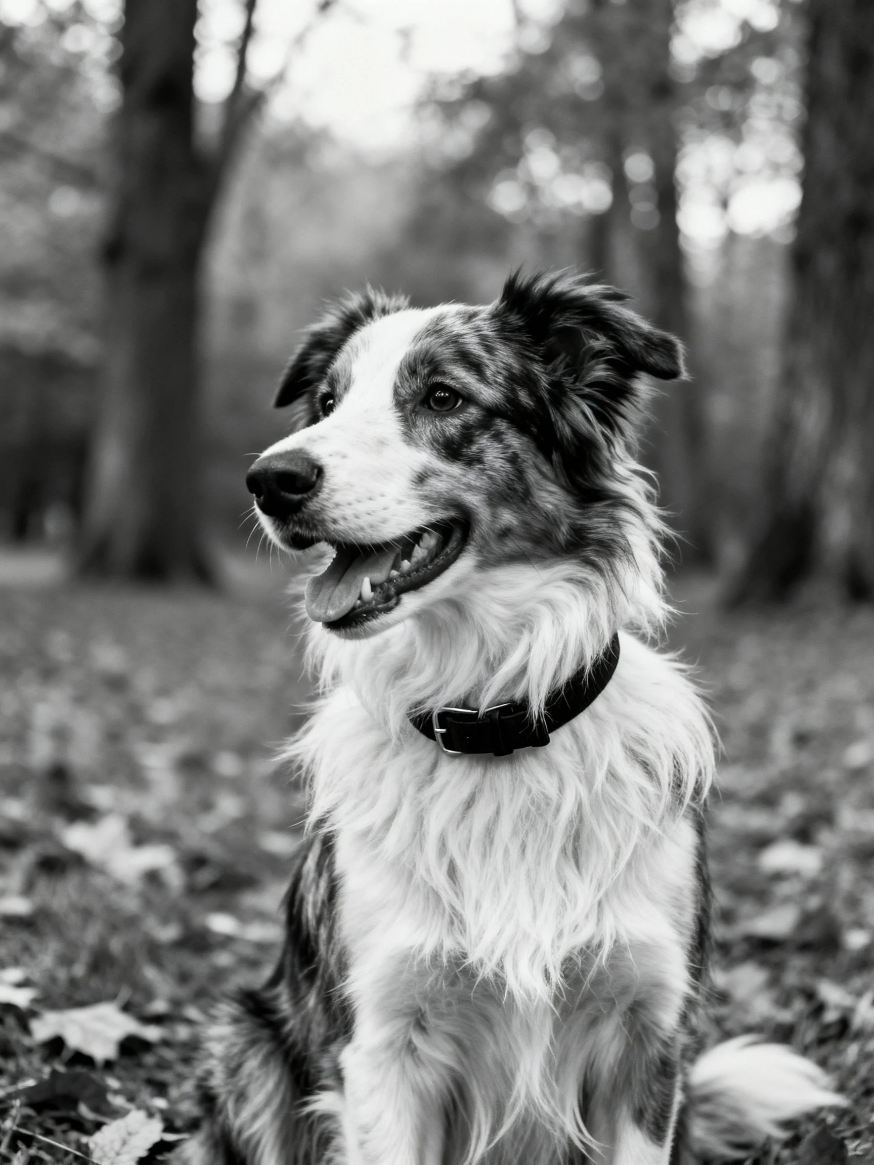 A black - and - white portrait of a fluffy dog in a wooded area