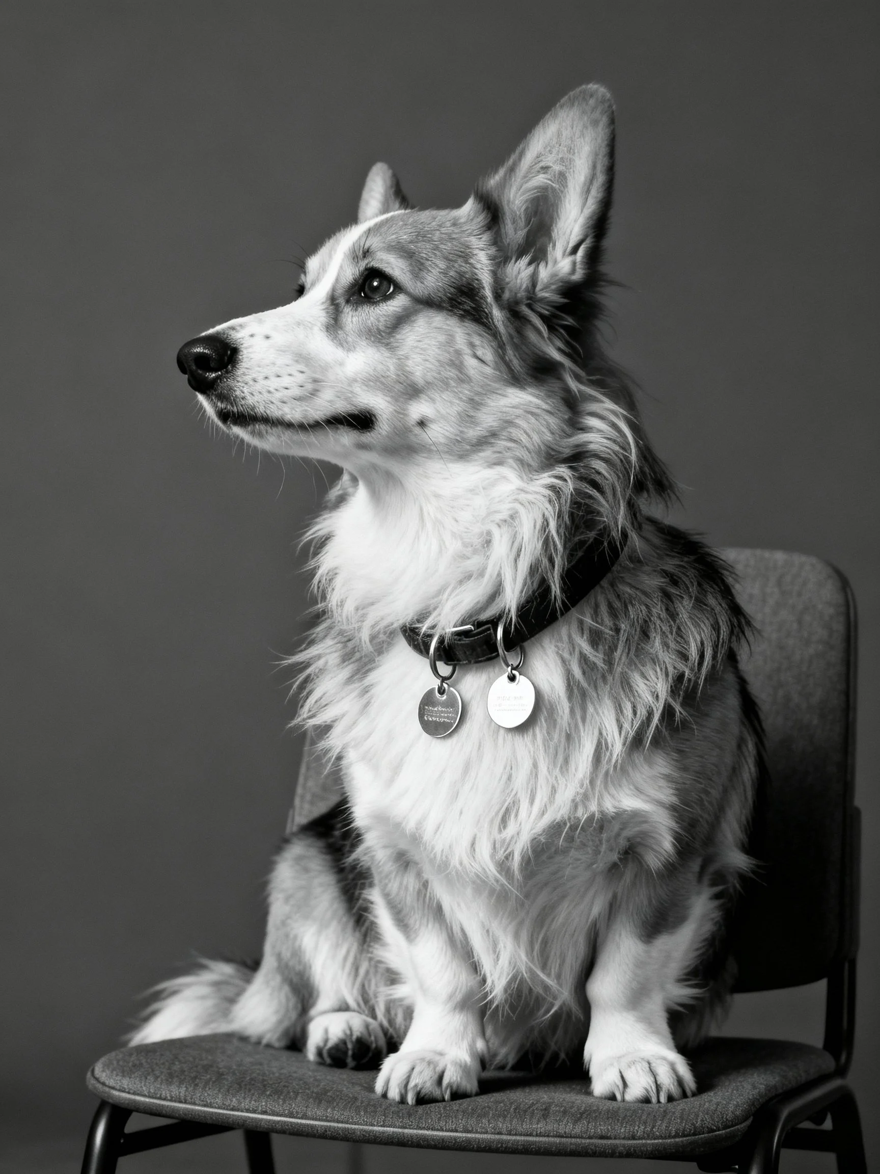 A black - and - white portrait of a fluffy dog on a chair