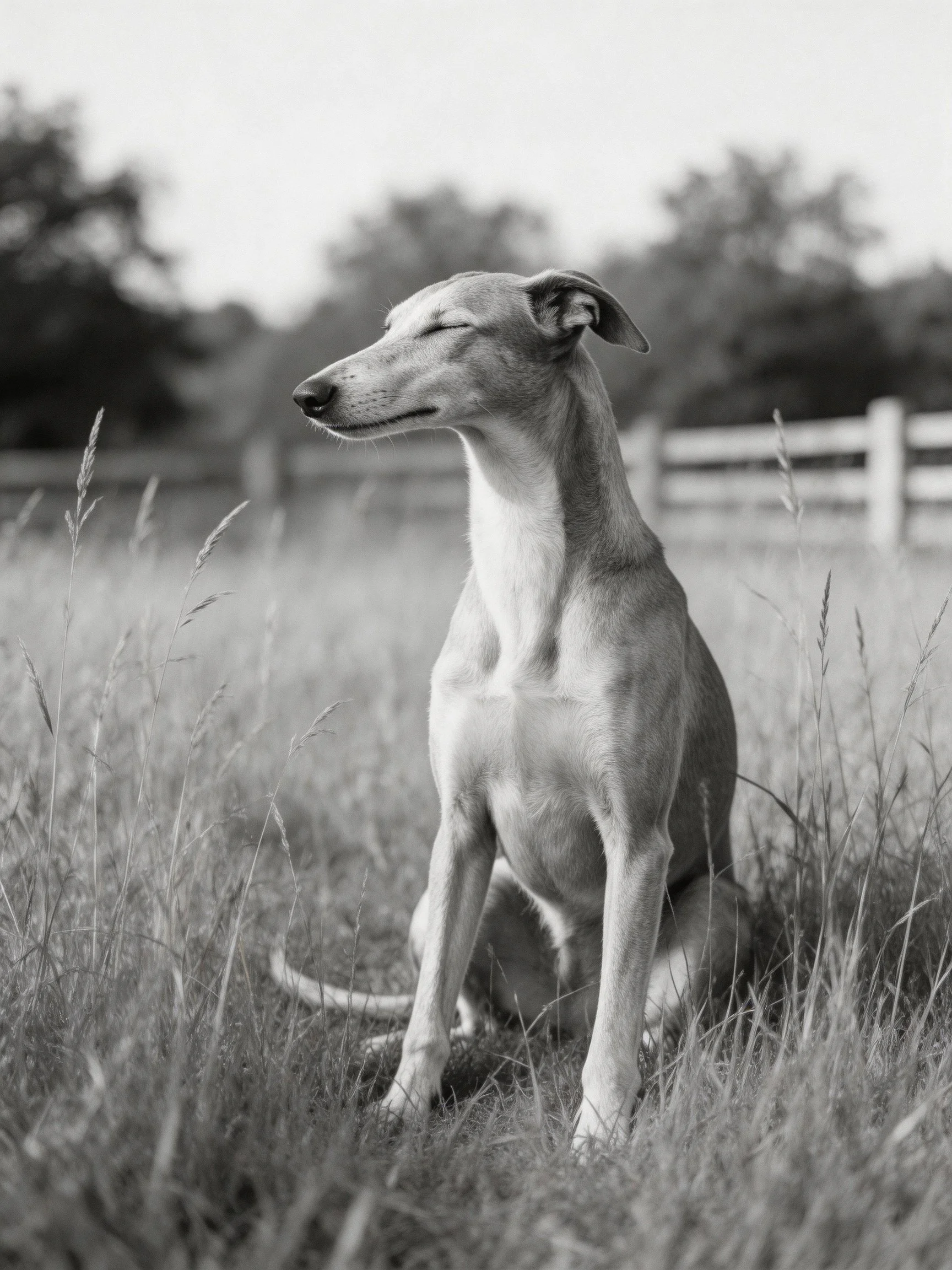 A greyhound sits calmly amid tall grass with a blurred natural backdrop.