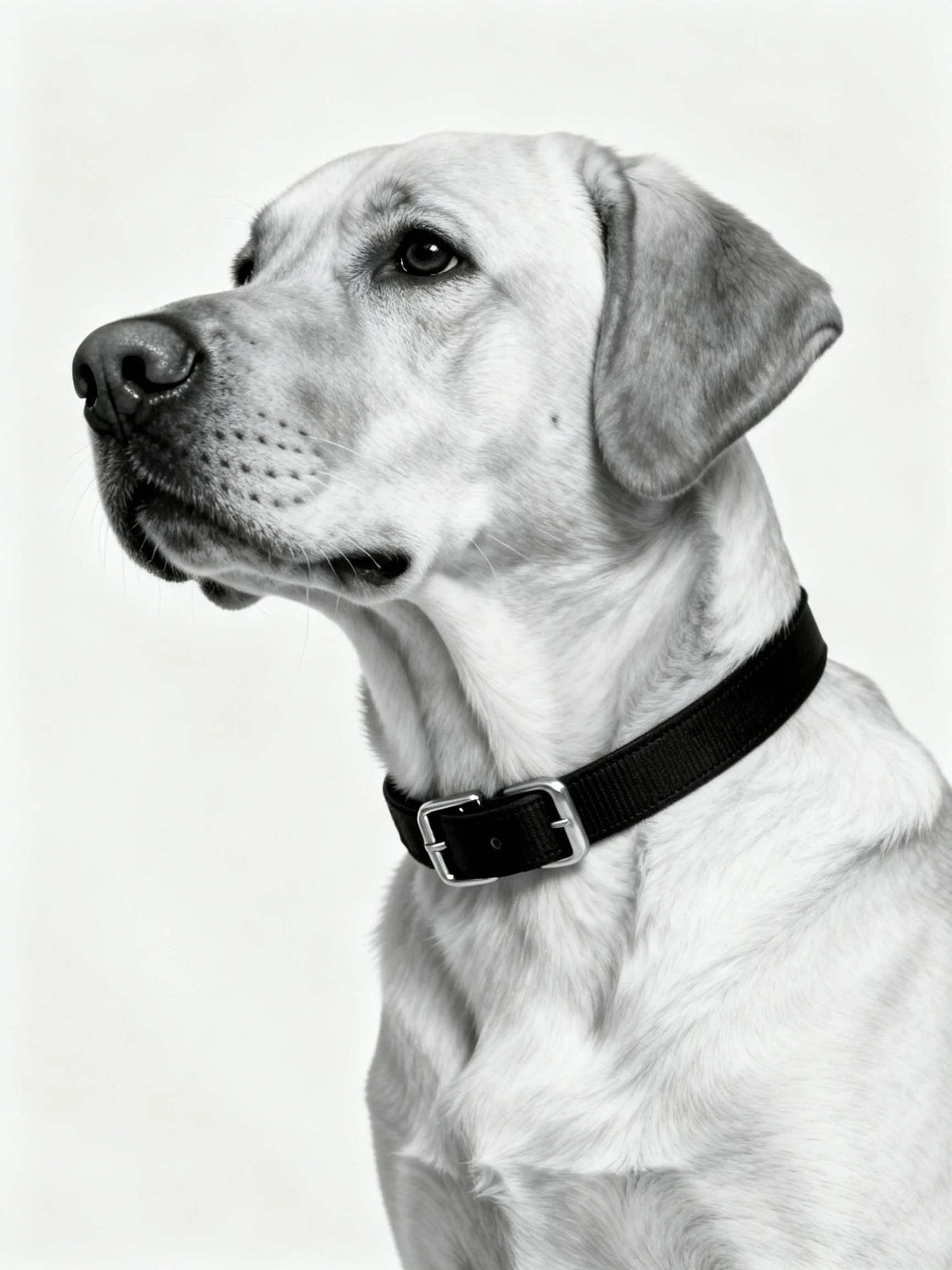 A black - and - white portrait highlights a light - haired Labrador wearing a dark collar.