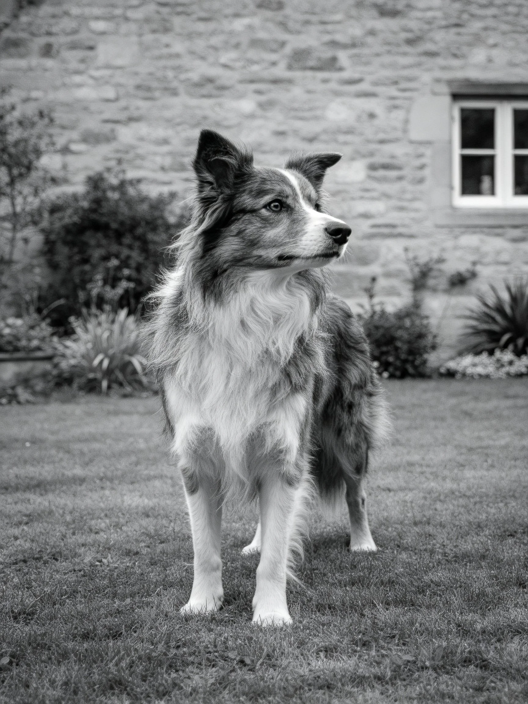 A black-and-white portrait of a long-coated border collie by a stone house