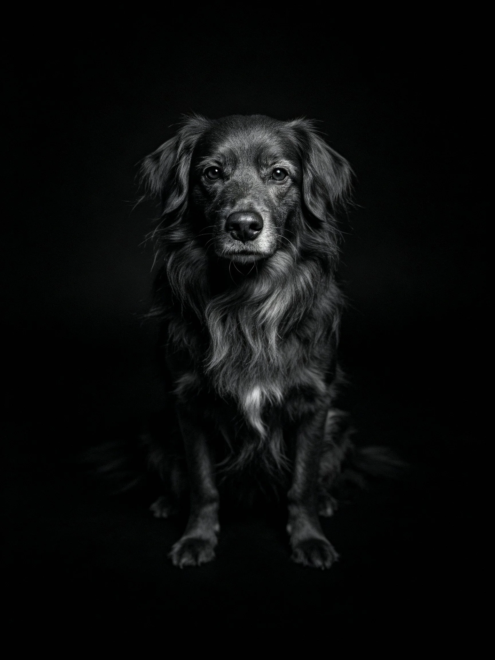 A long-haired dog sits centered in a black and white photograph