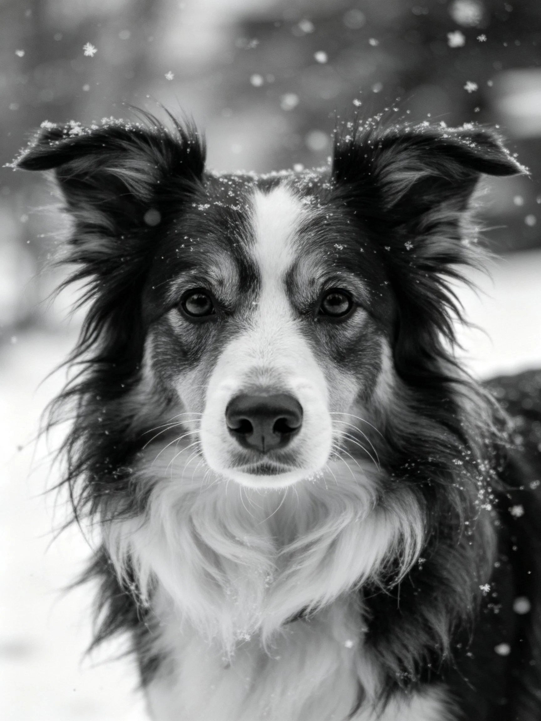 A close - up of a long - haired dog in a snowy scene with falling snowflakes.