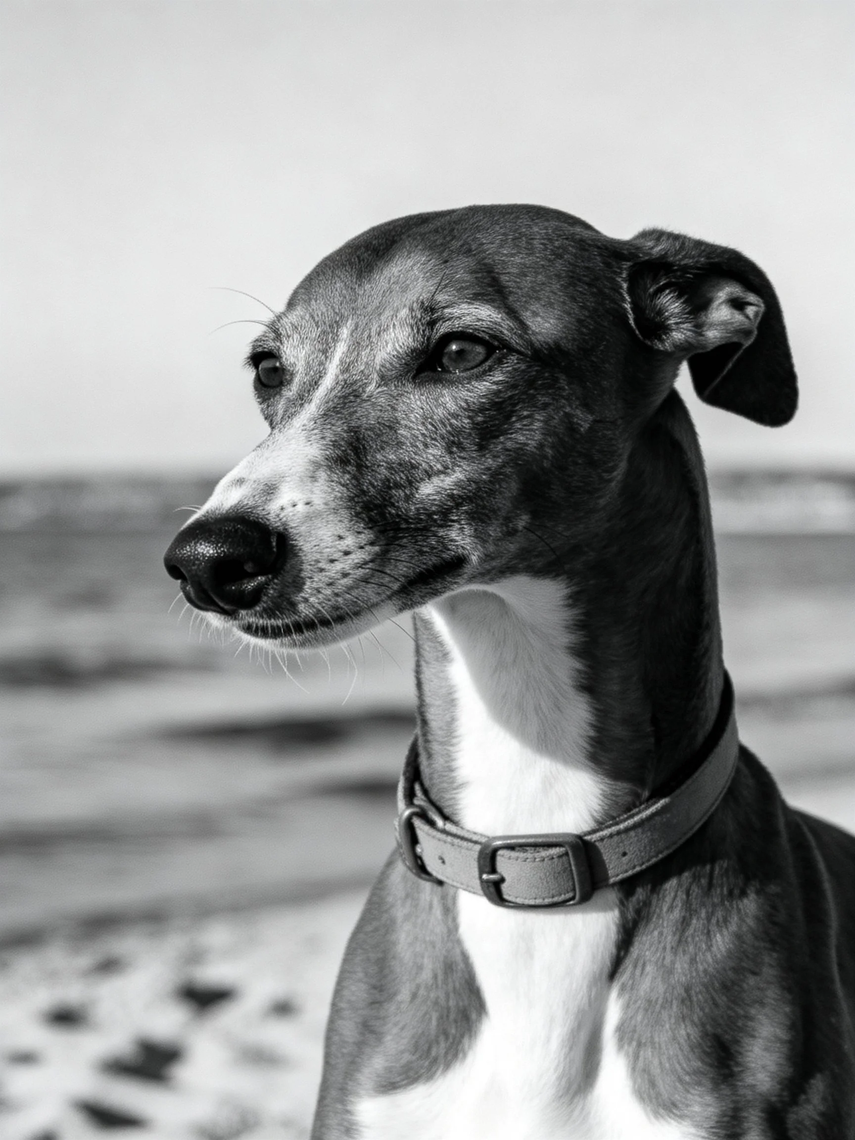 A black and white portrait of a sleek dog wearing a collar