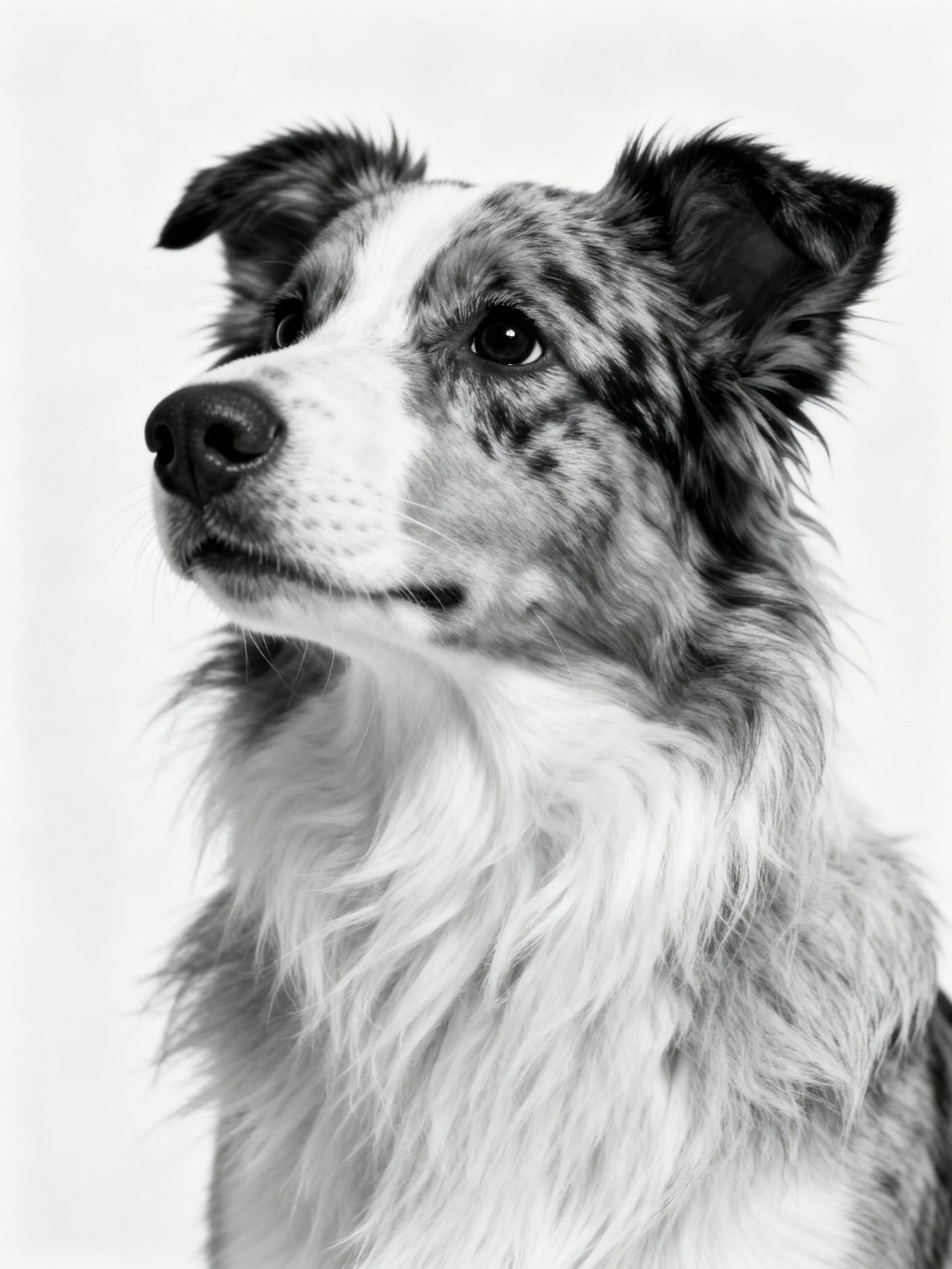 A close - up of a speckled - coated dog in monochrome.