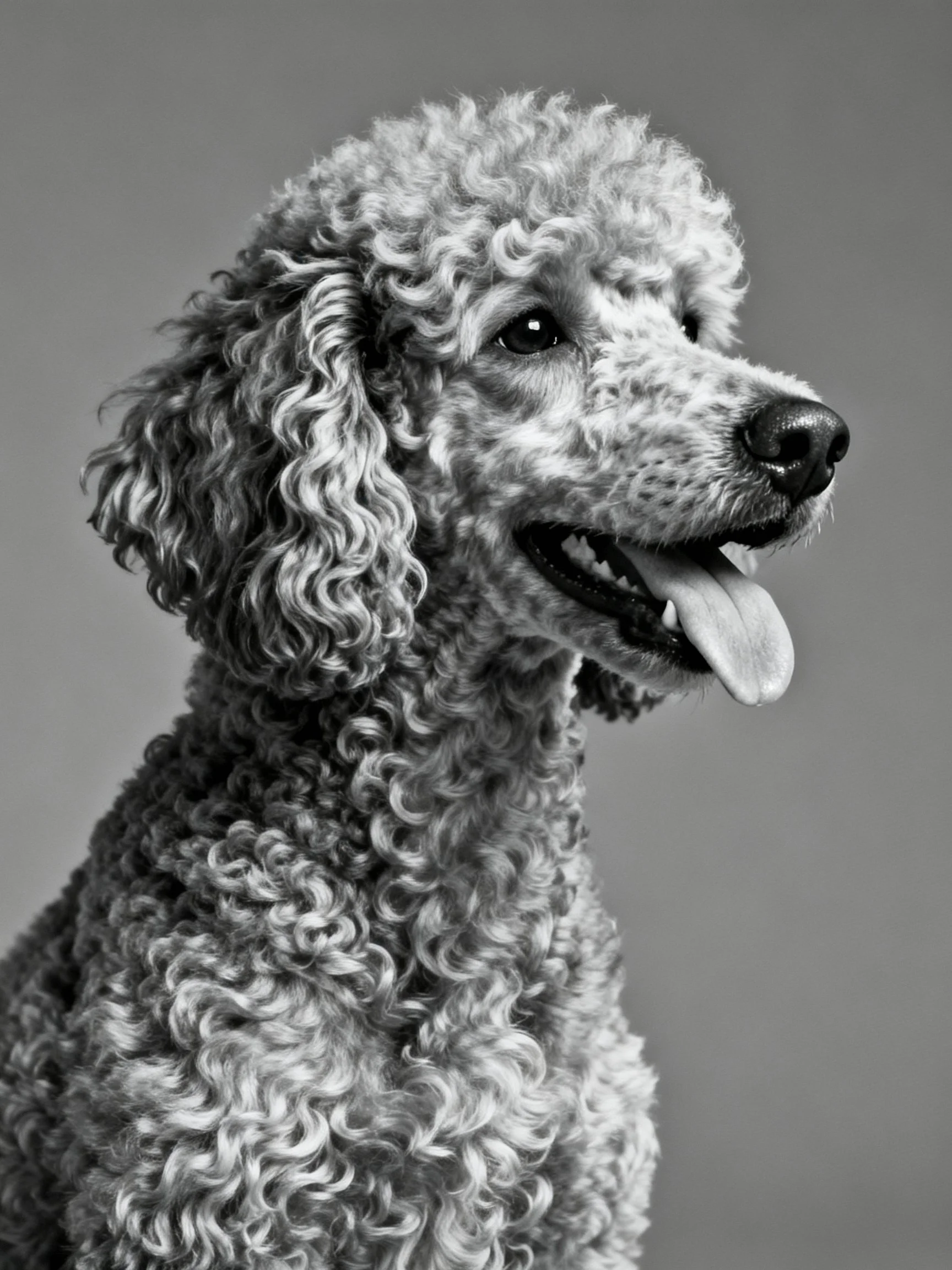 A black and white portrait of a well-groomed poodle with curly fur