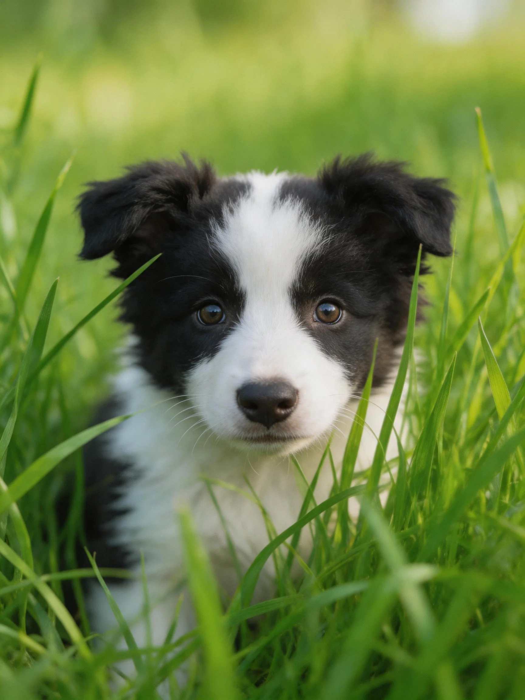A black and white puppy amidst tall green grass
