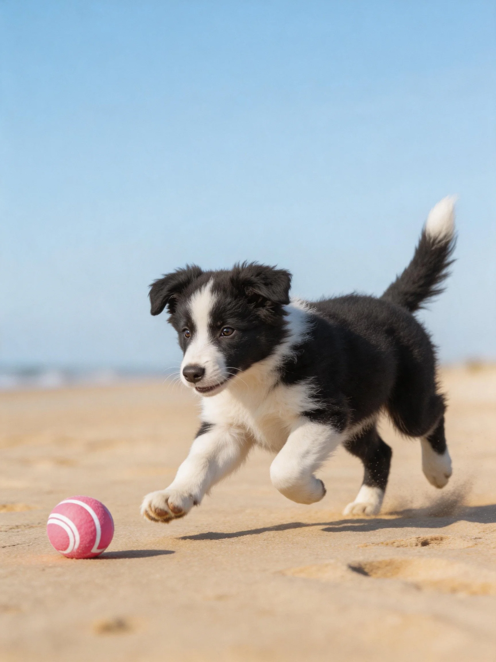 A black and white puppy runs toward a pink ball on a sandy beach.