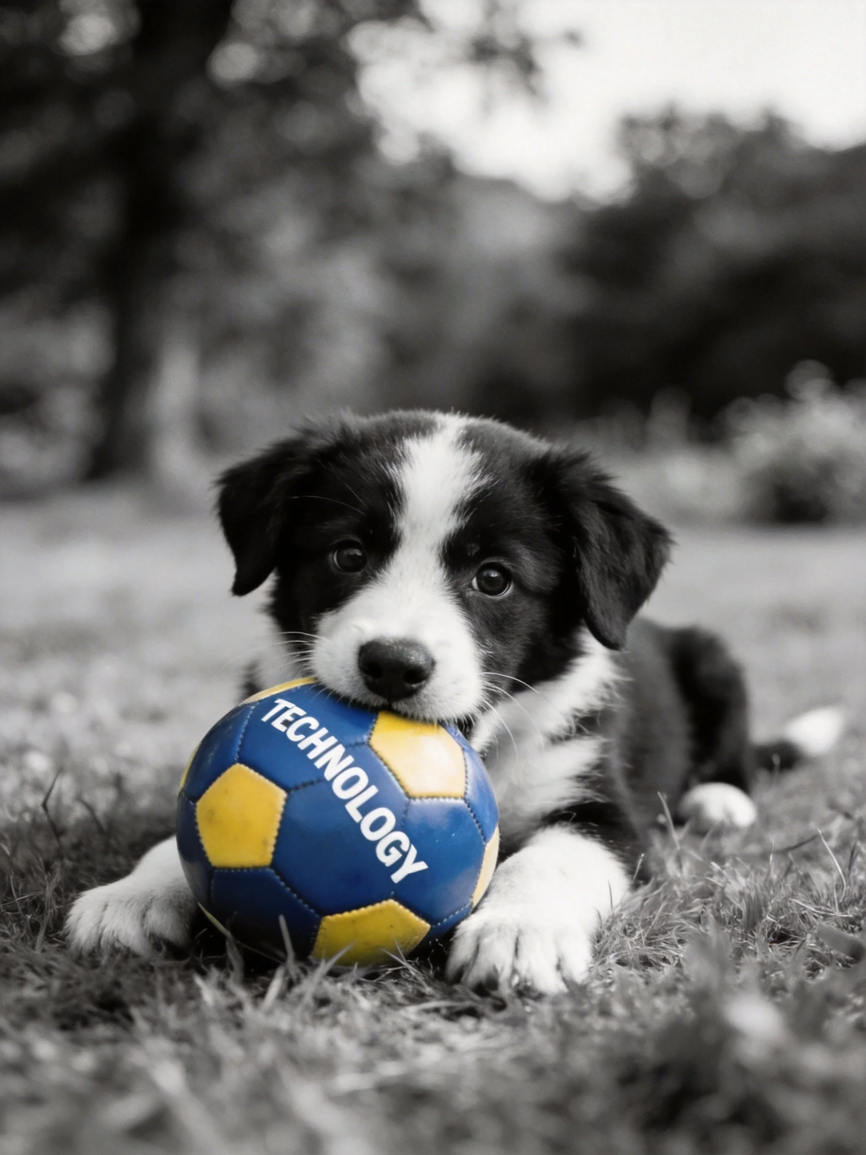 A black and white puppy rests outdoors while gripping a blue and yellow Technology ball.