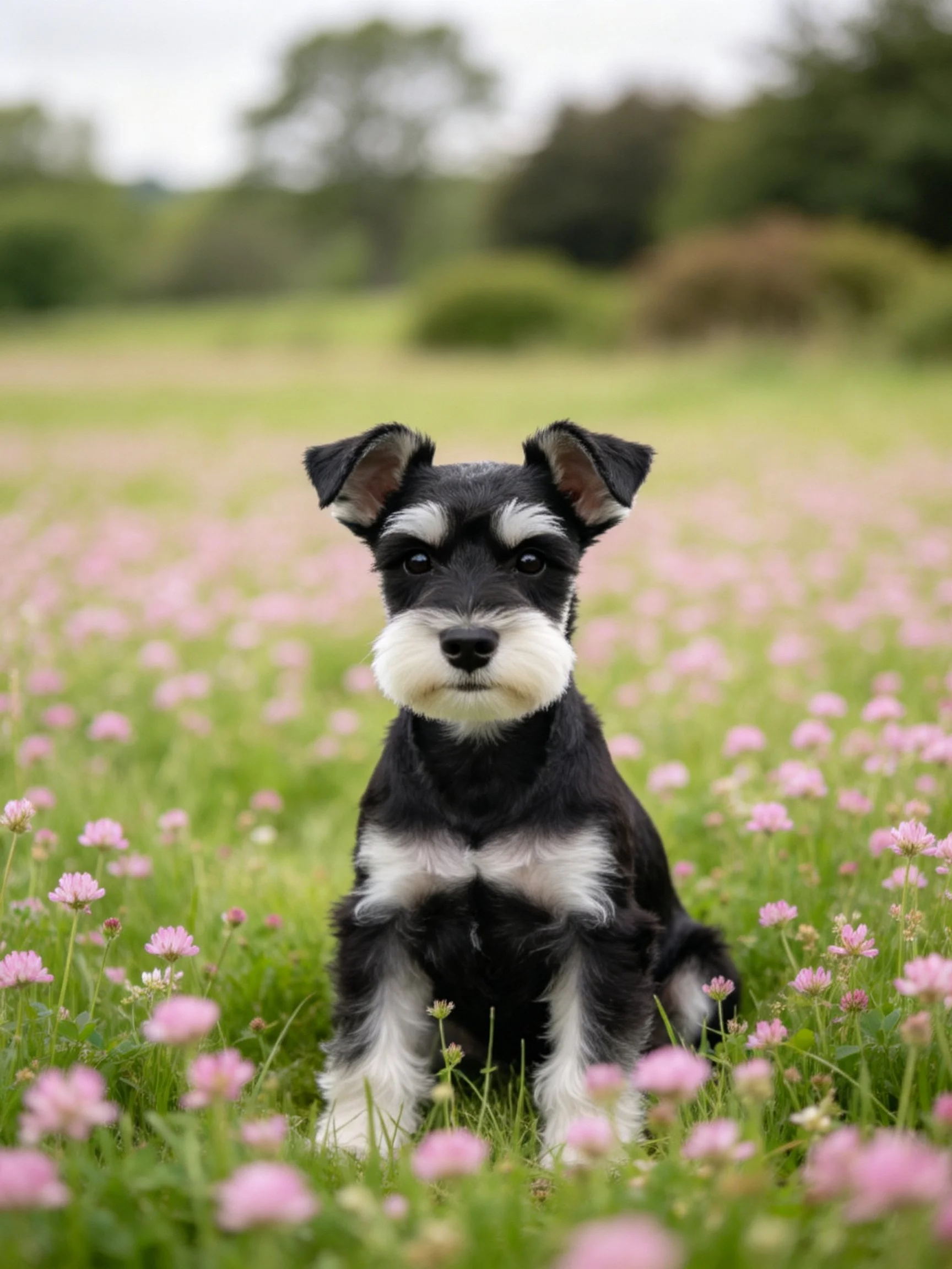 A black and white puppy sits among pink wildflowers in a sunny meadow.