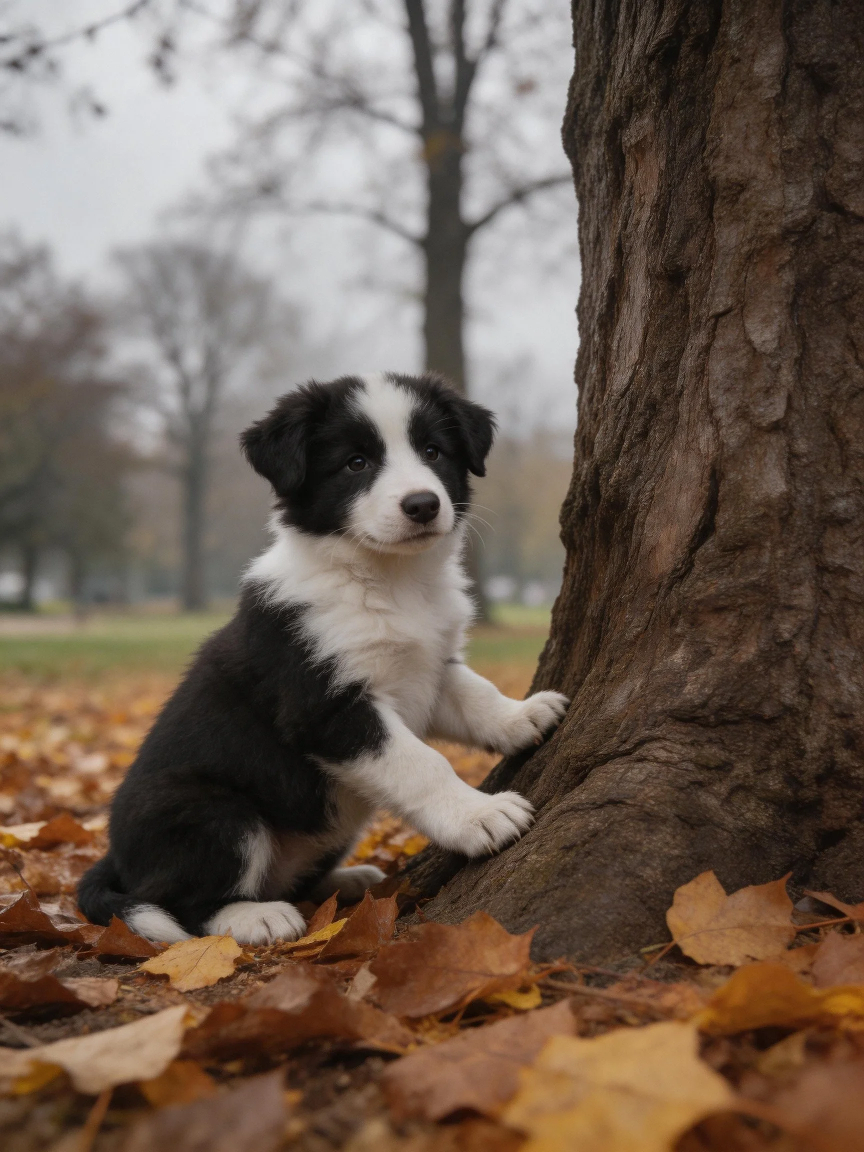 A black - and - white puppy interacting with a large tree trunk amidst autumn leaves