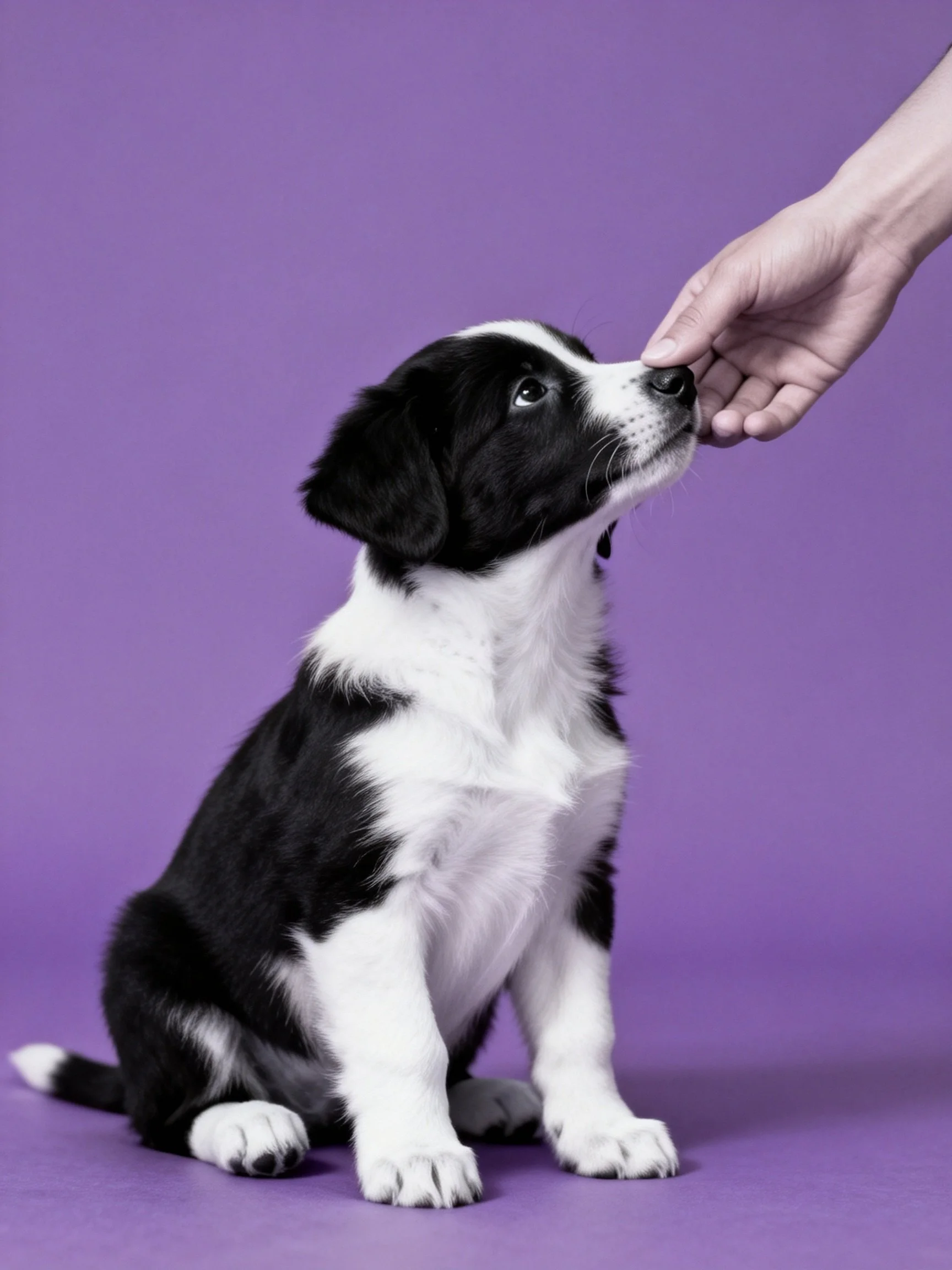 A black and white puppy interacts with a hand on a solid purple background