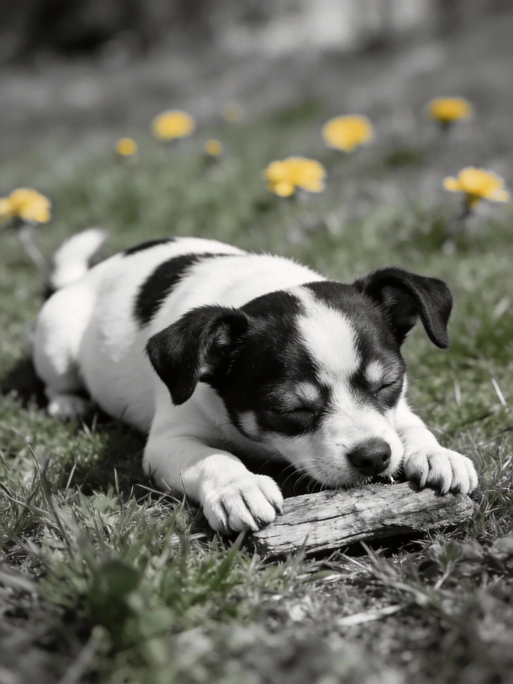 A black - and - white puppy naps on grass near yellow flowers
