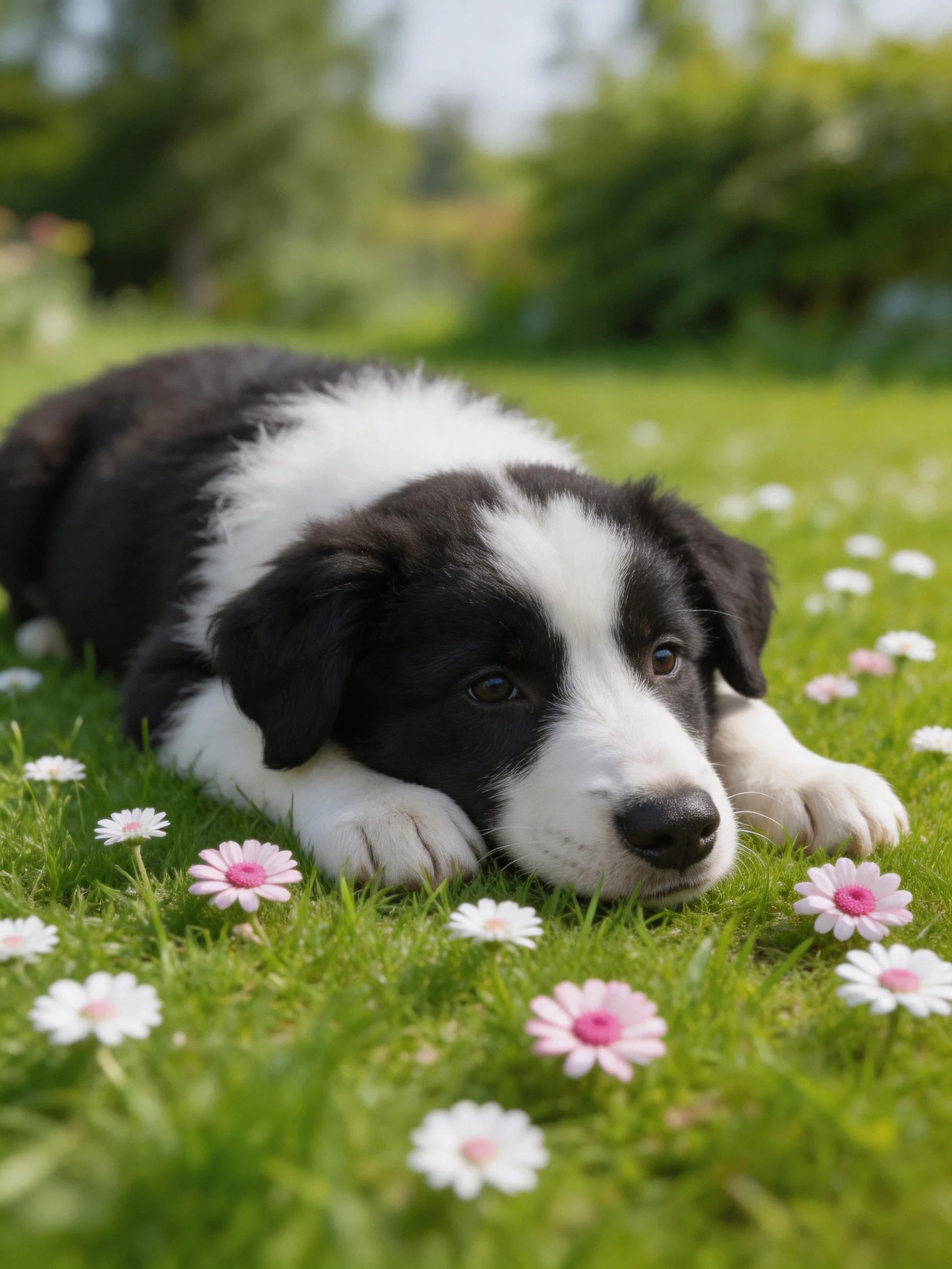 A black and white puppy lies calmly among colorful daisies on a grassy field.