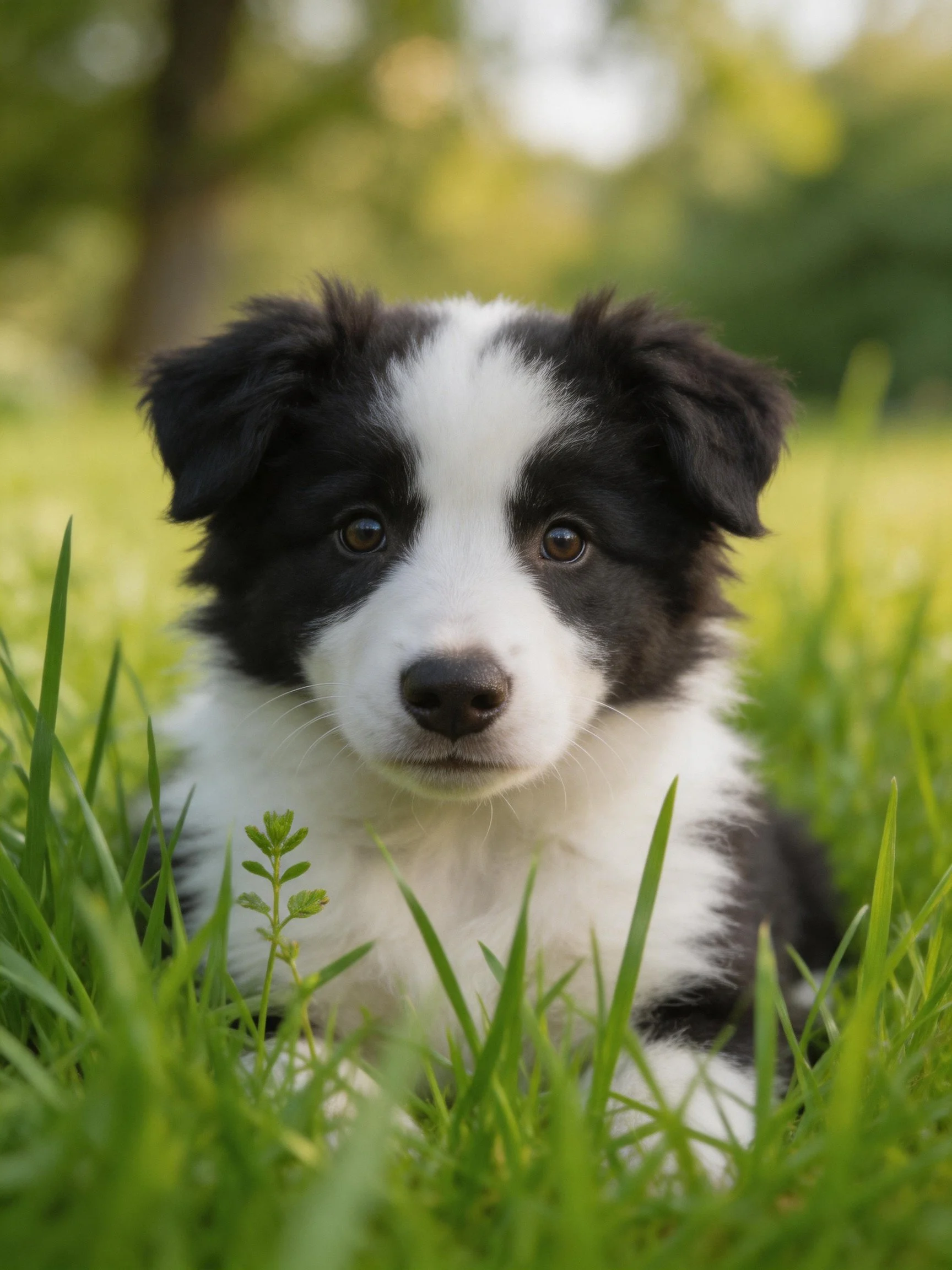 A black and white puppy rests in lush green grass.
