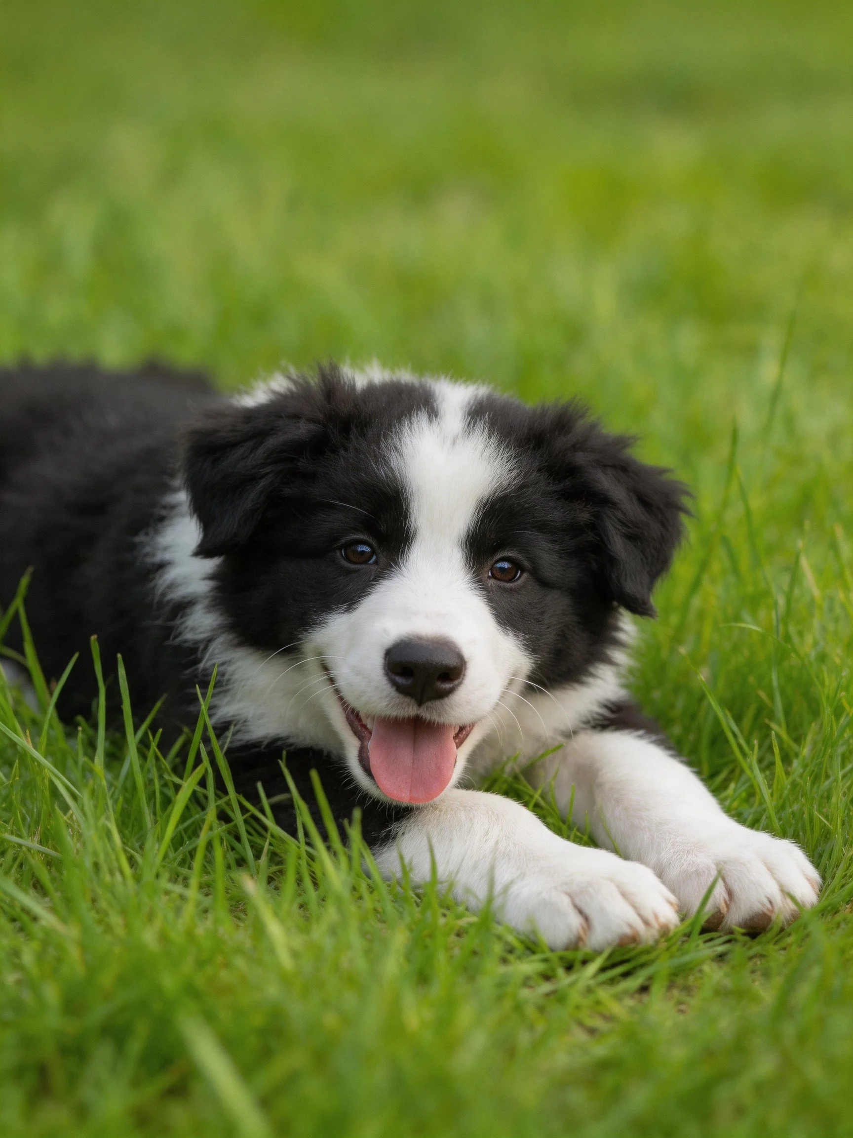 A black and white puppy relaxes peacefully on green grass.