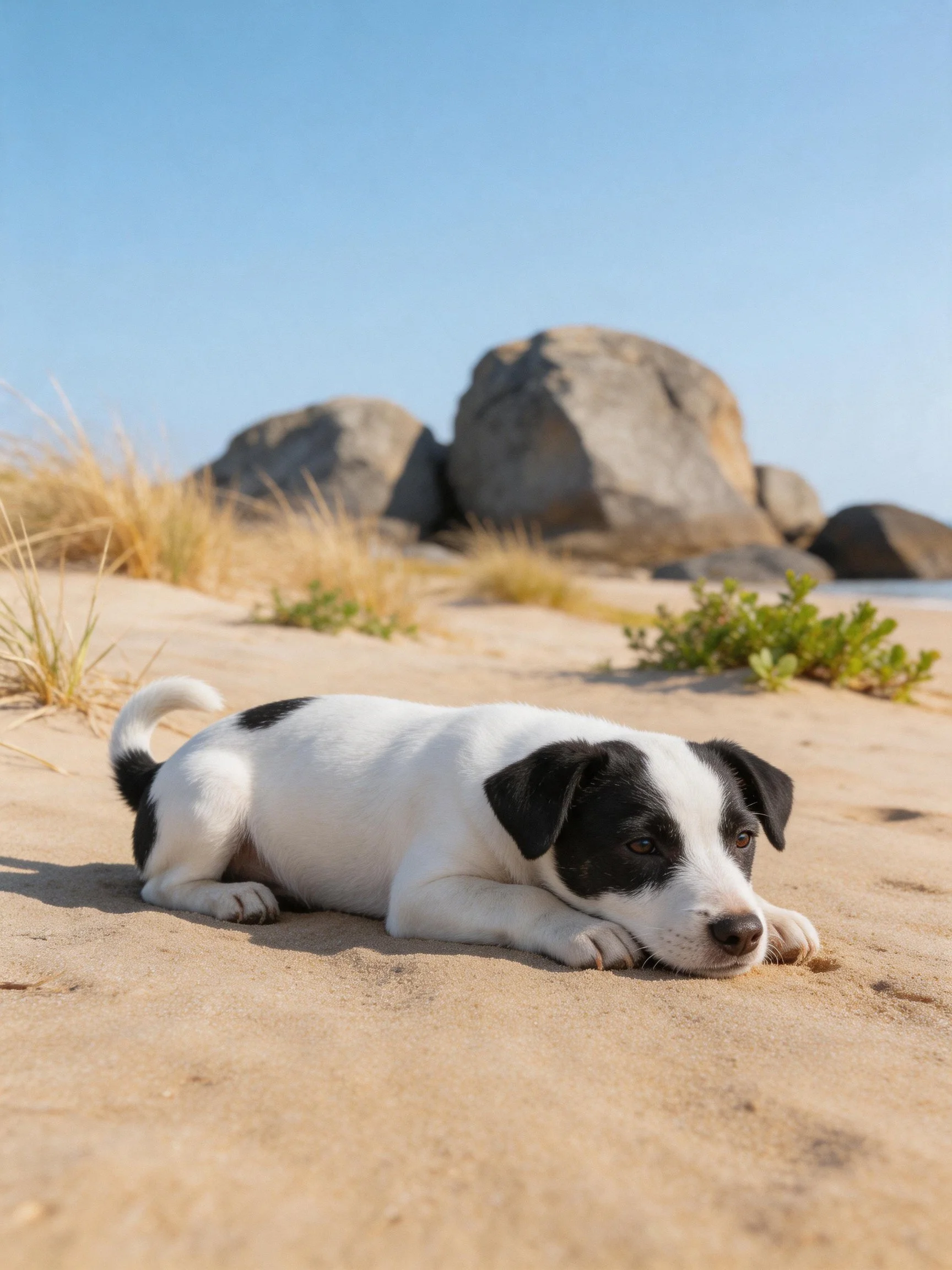 A black-and-white puppy lies on sandy beach near large rocks.